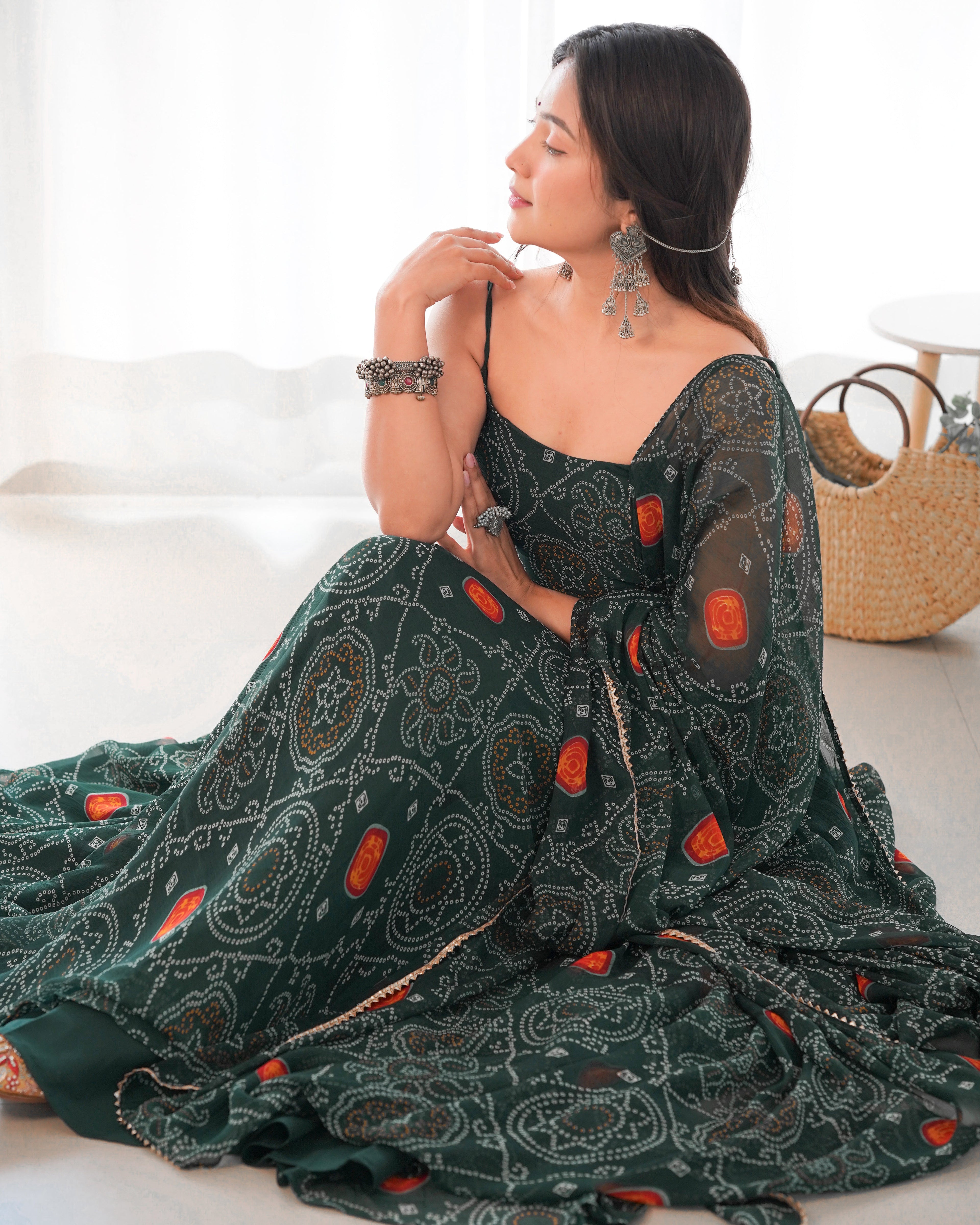 Dark Green Chiffon Lehenga Suit Set with Bandhej Print and Huge Flair for Festive Wear