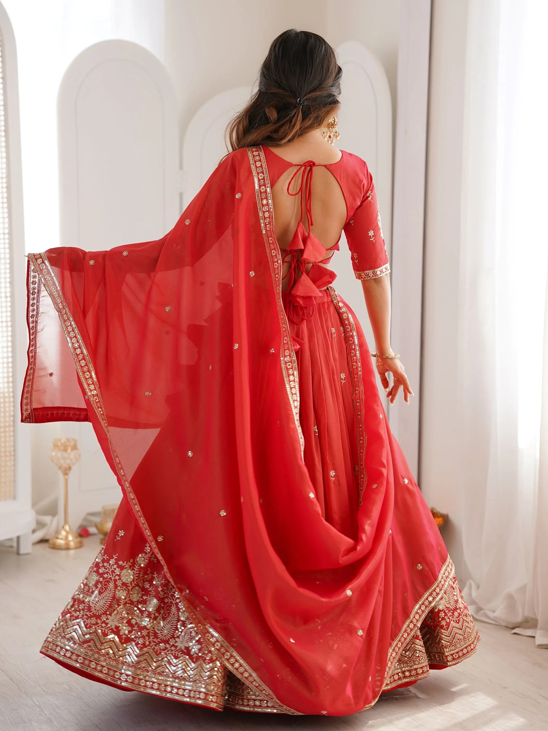 Orange Mesmerizing Thread Work Silk Wedding Lehenga Choli With Dupatta