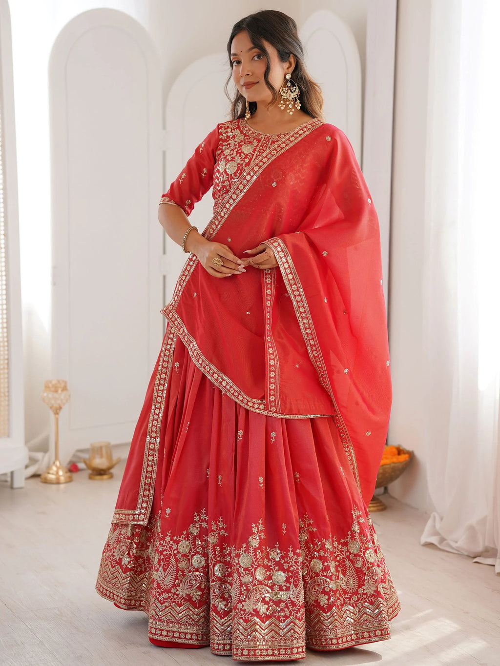 Orange Mesmerizing Thread Work Silk Wedding Lehenga Choli With Dupatta