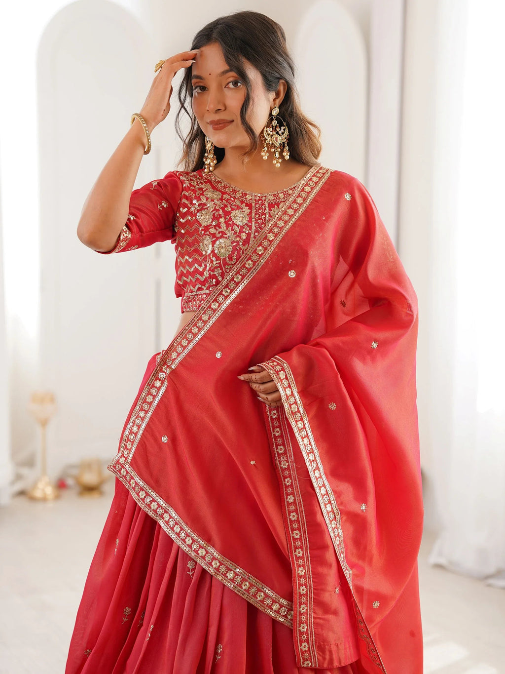 Orange Mesmerizing Thread Work Silk Wedding Lehenga Choli With Dupatta