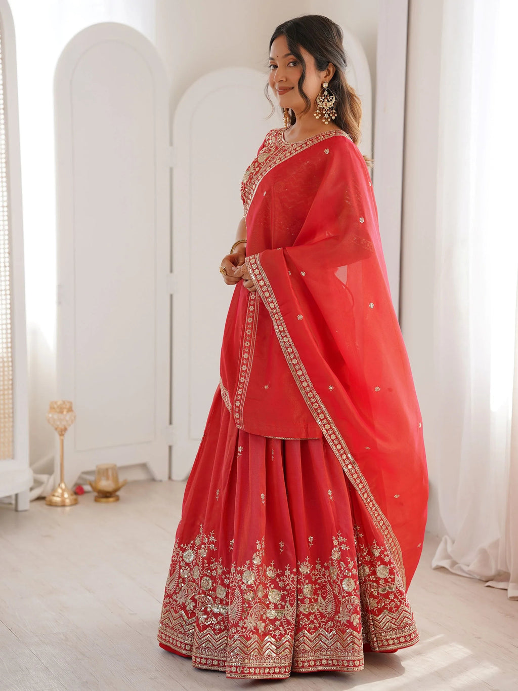 Orange Mesmerizing Thread Work Silk Wedding Lehenga Choli With Dupatta