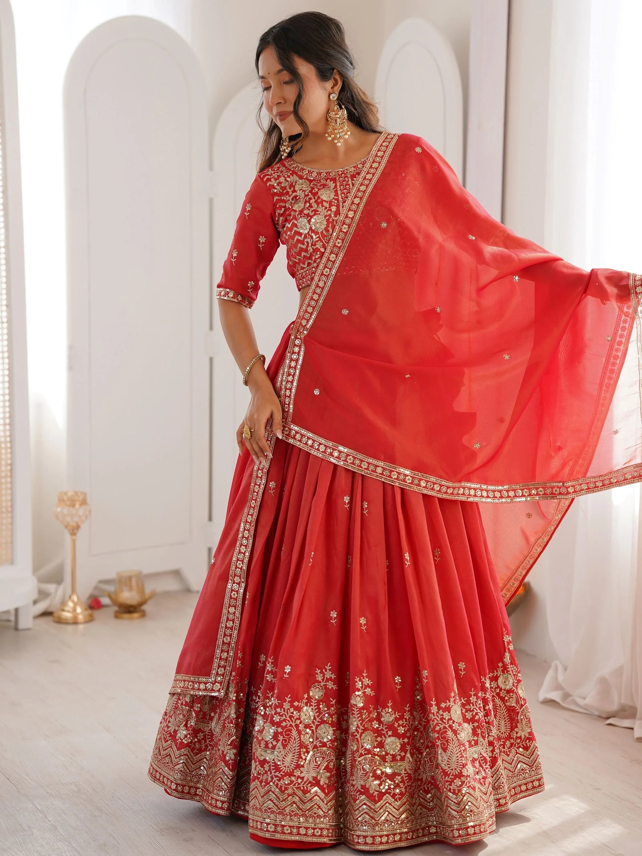 Orange Mesmerizing Thread Work Silk Wedding Lehenga Choli With Dupatta