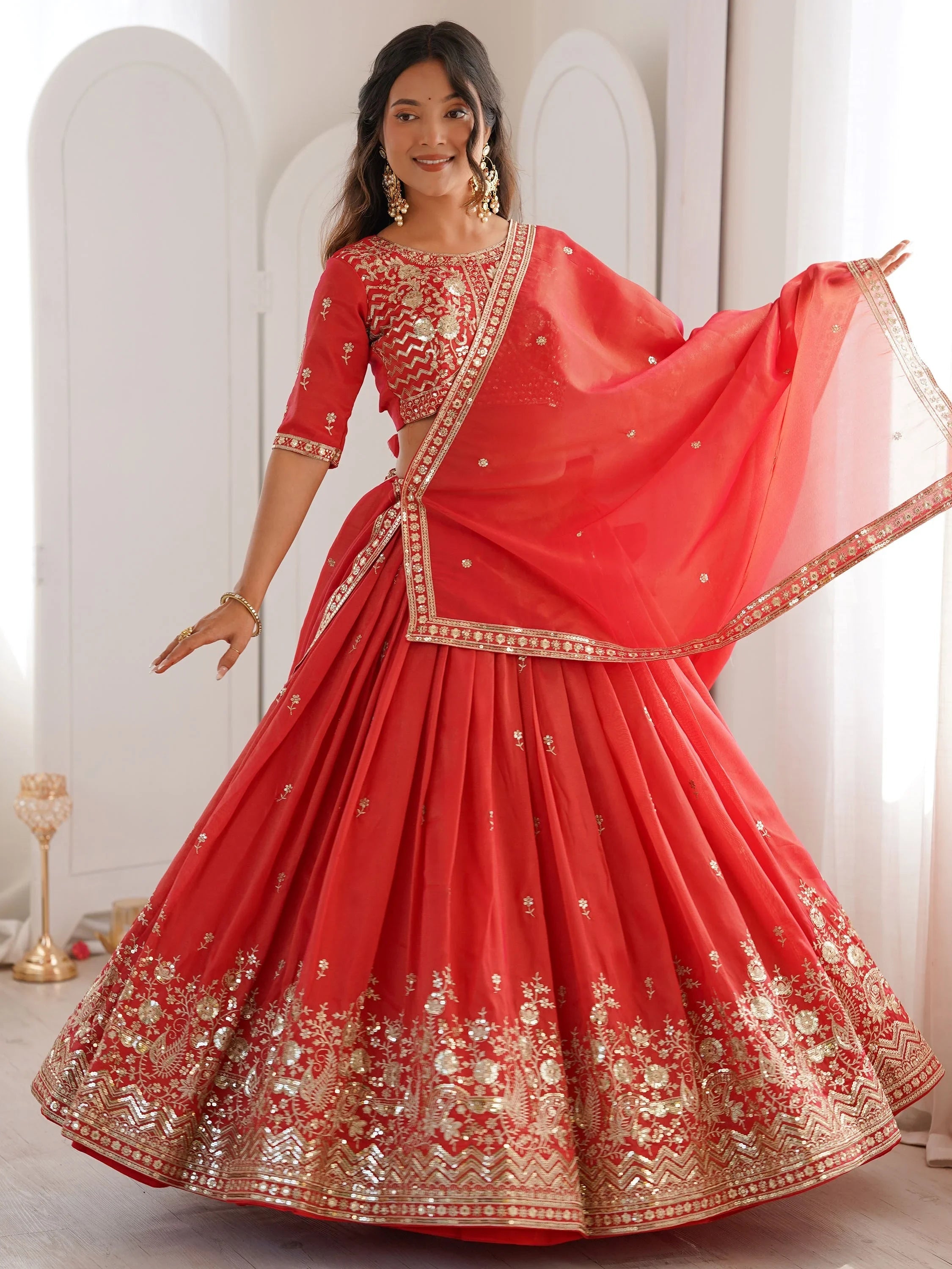 Orange Mesmerizing Thread Work Silk Wedding Lehenga Choli With Dupatta