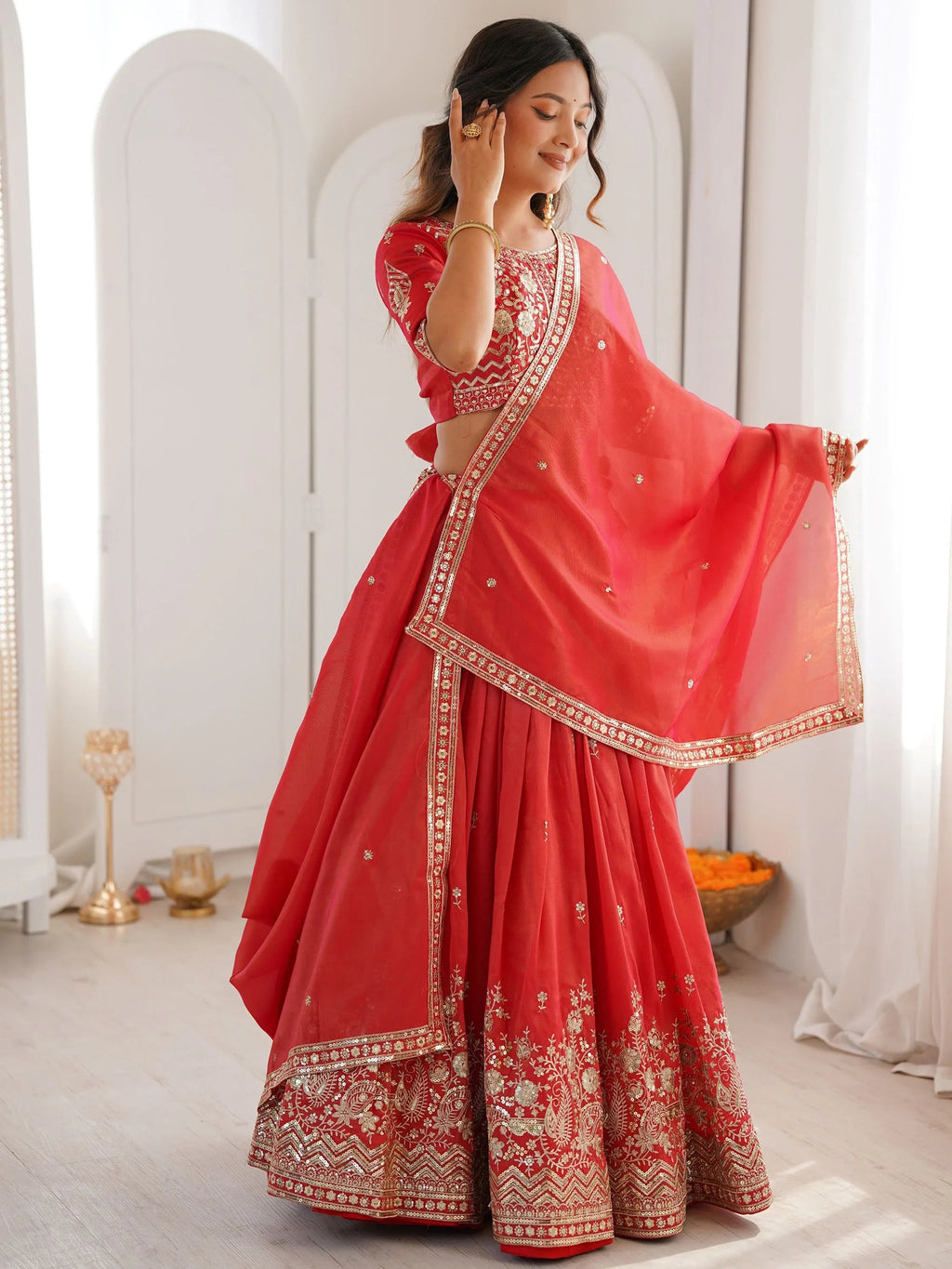 Orange Mesmerizing Thread Work Silk Wedding Lehenga Choli With Dupatta