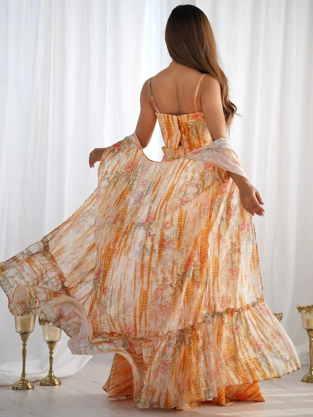 Great Orange Printed Georgette Party Wear Crop-Top Plazzo With Shrug