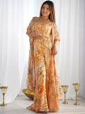 Great Orange Printed Georgette Party Wear Crop-Top Plazzo With Shrug
