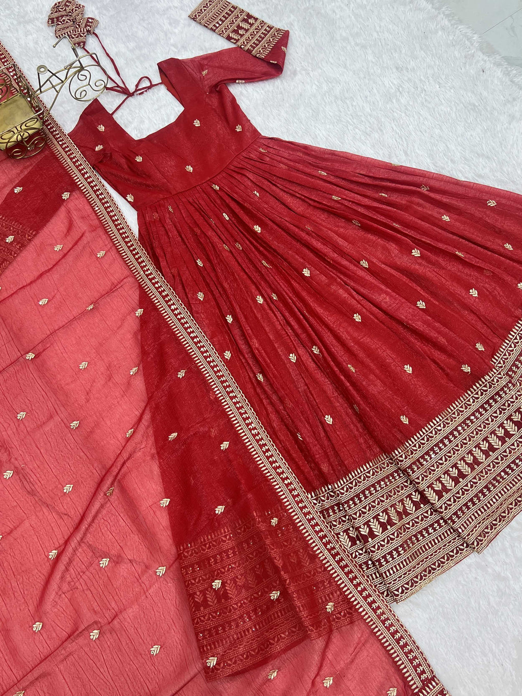 Fantastic Red Embroidered Silk Festive Wear Gown With Dupatta