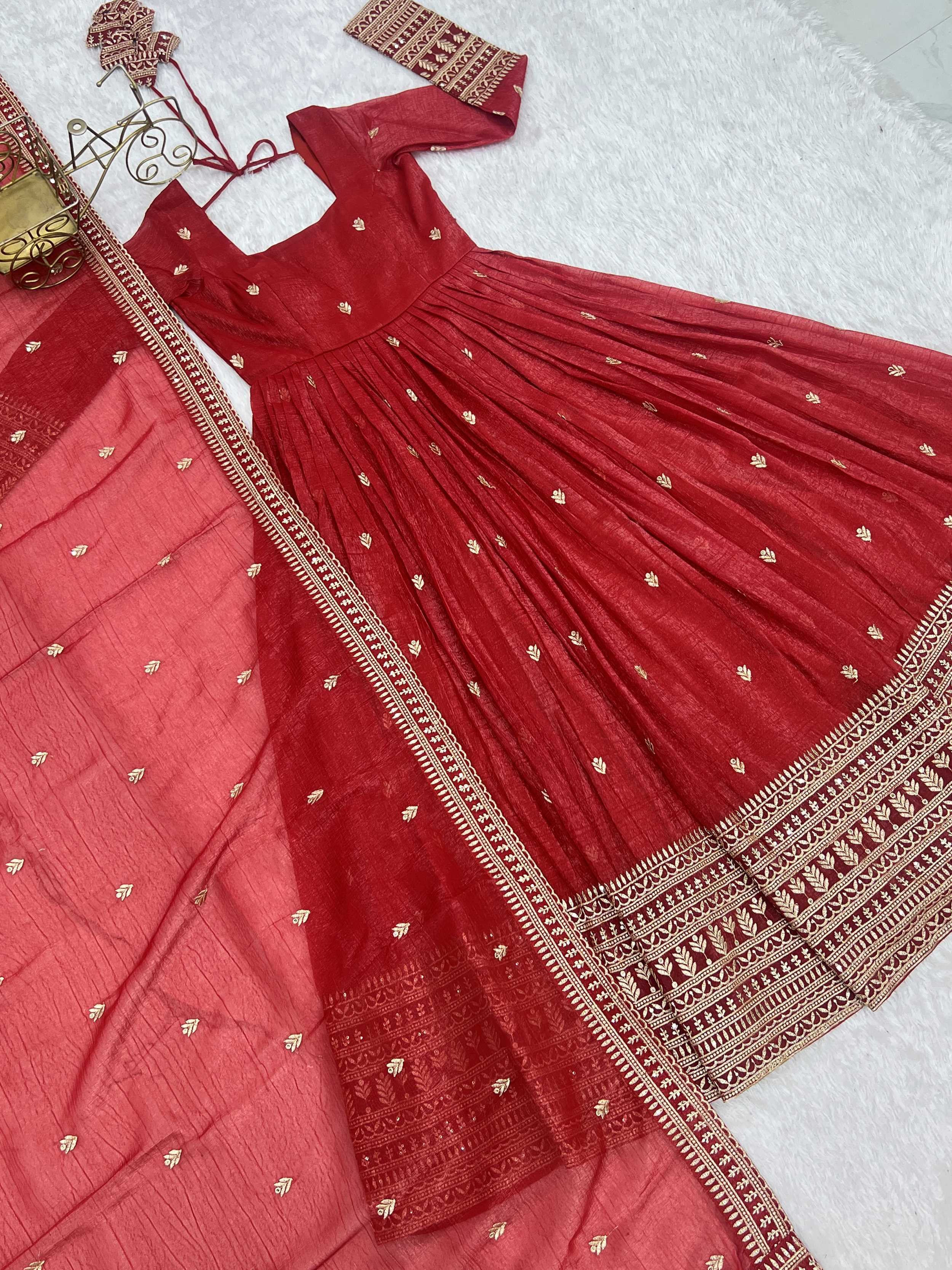 Fantastic Red Embroidered Silk Festive Wear Gown With Dupatta