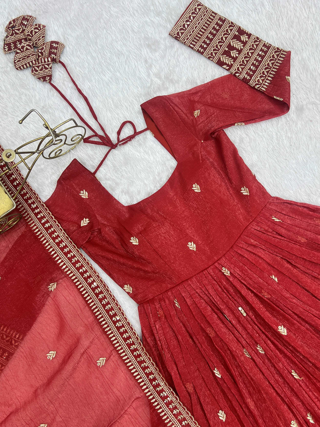 Fantastic Red Embroidered Silk Festive Wear Gown With Dupatta