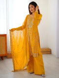 Yellow Outstanding Embroidered Georgette Haldi Wear Palazzo Suit