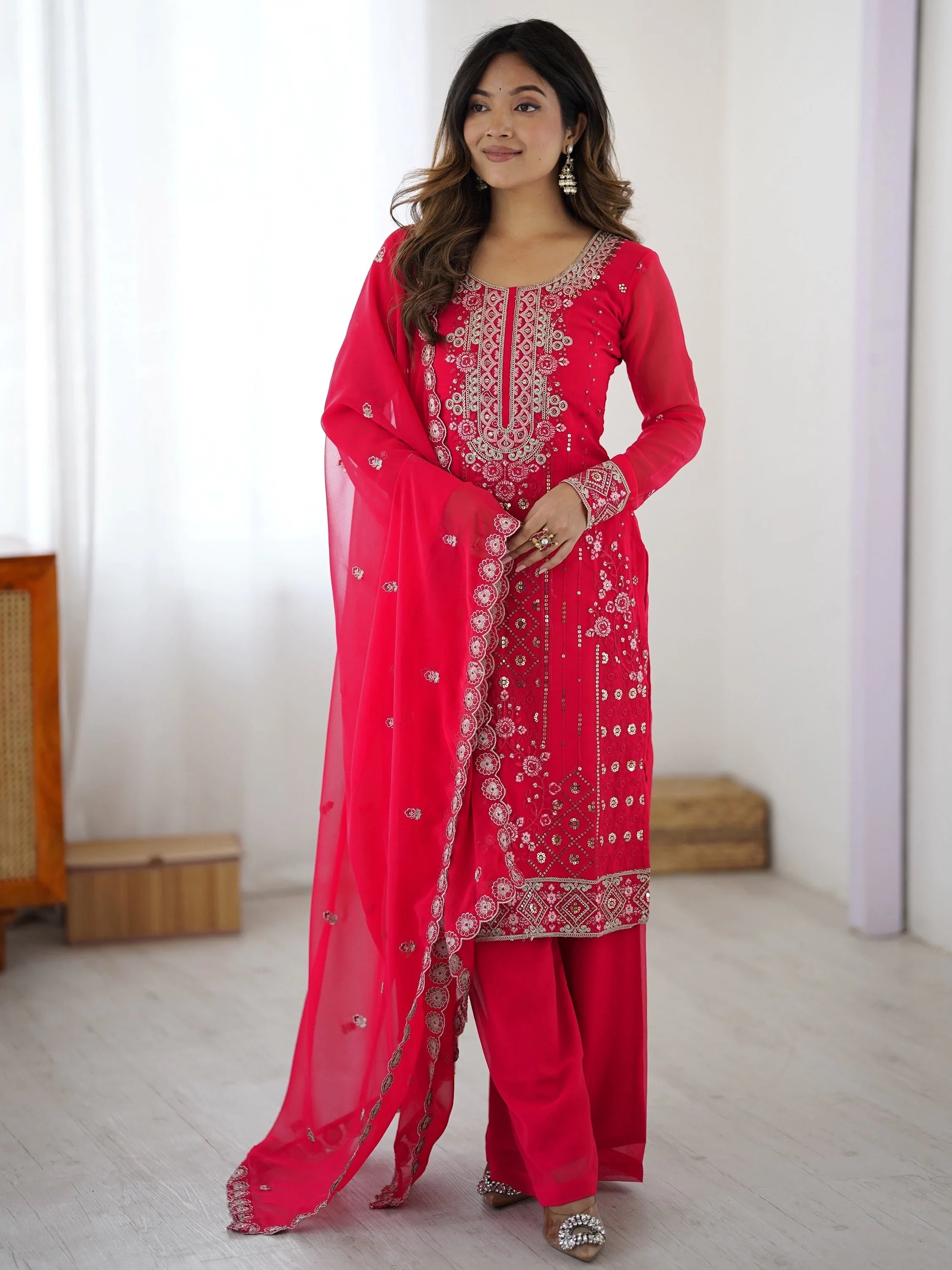 Pink Outstanding Embroidered Georgette Haldi Wear Palazzo Suit