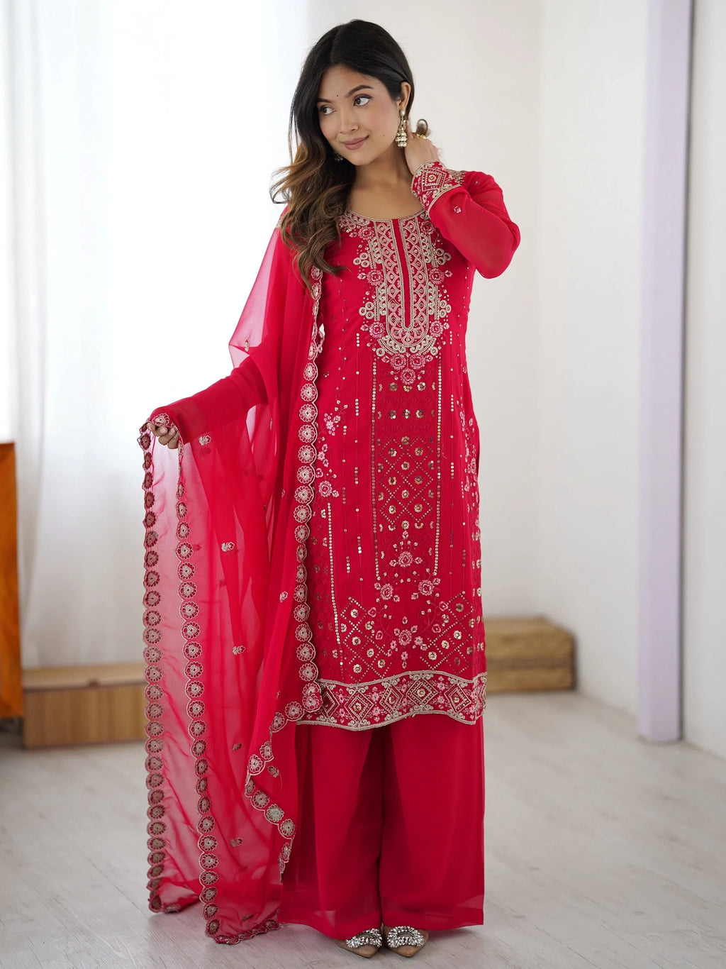 Pink Outstanding Embroidered Georgette Haldi Wear Palazzo Suit