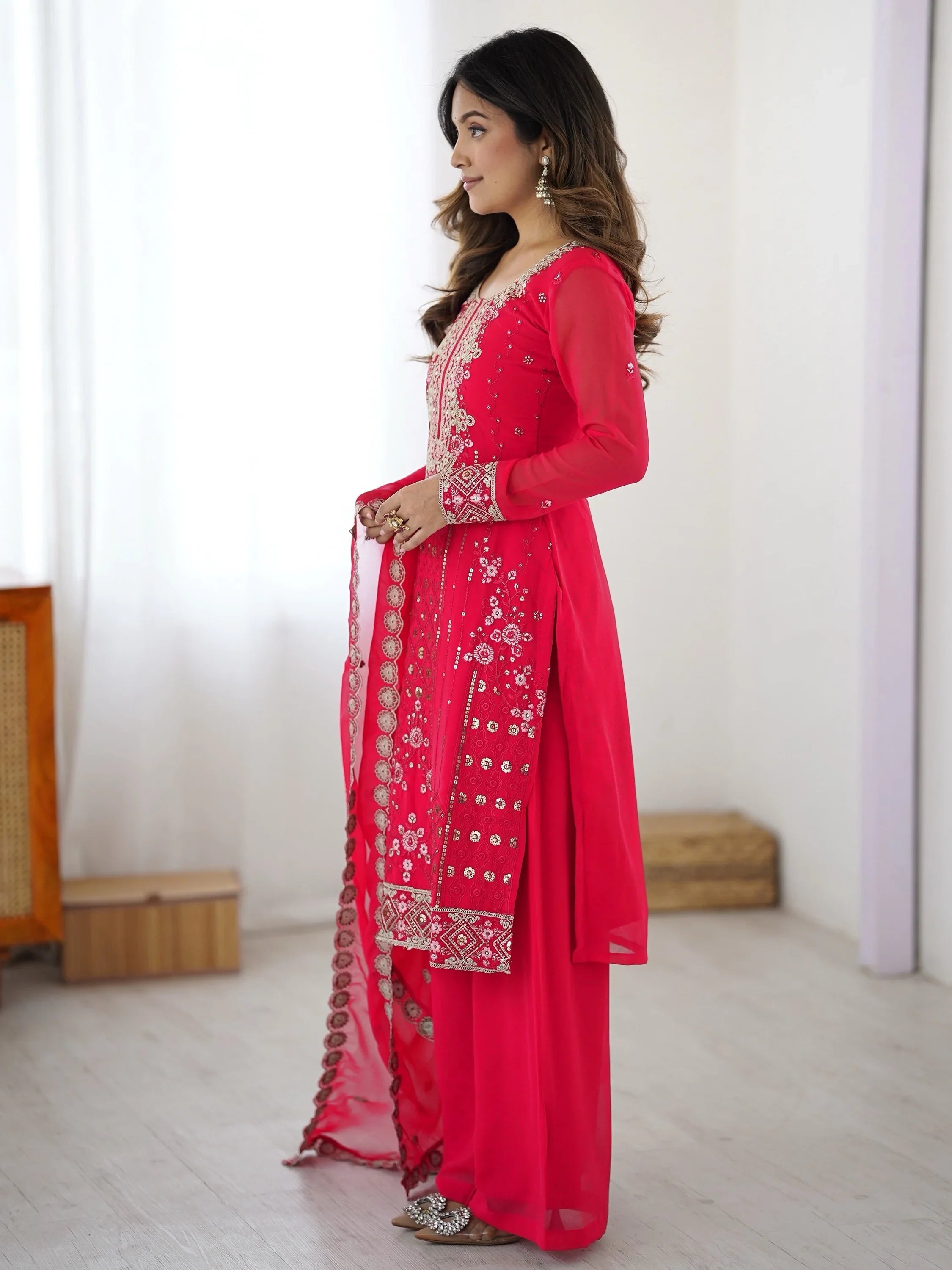Pink Outstanding Embroidered Georgette Haldi Wear Palazzo Suit