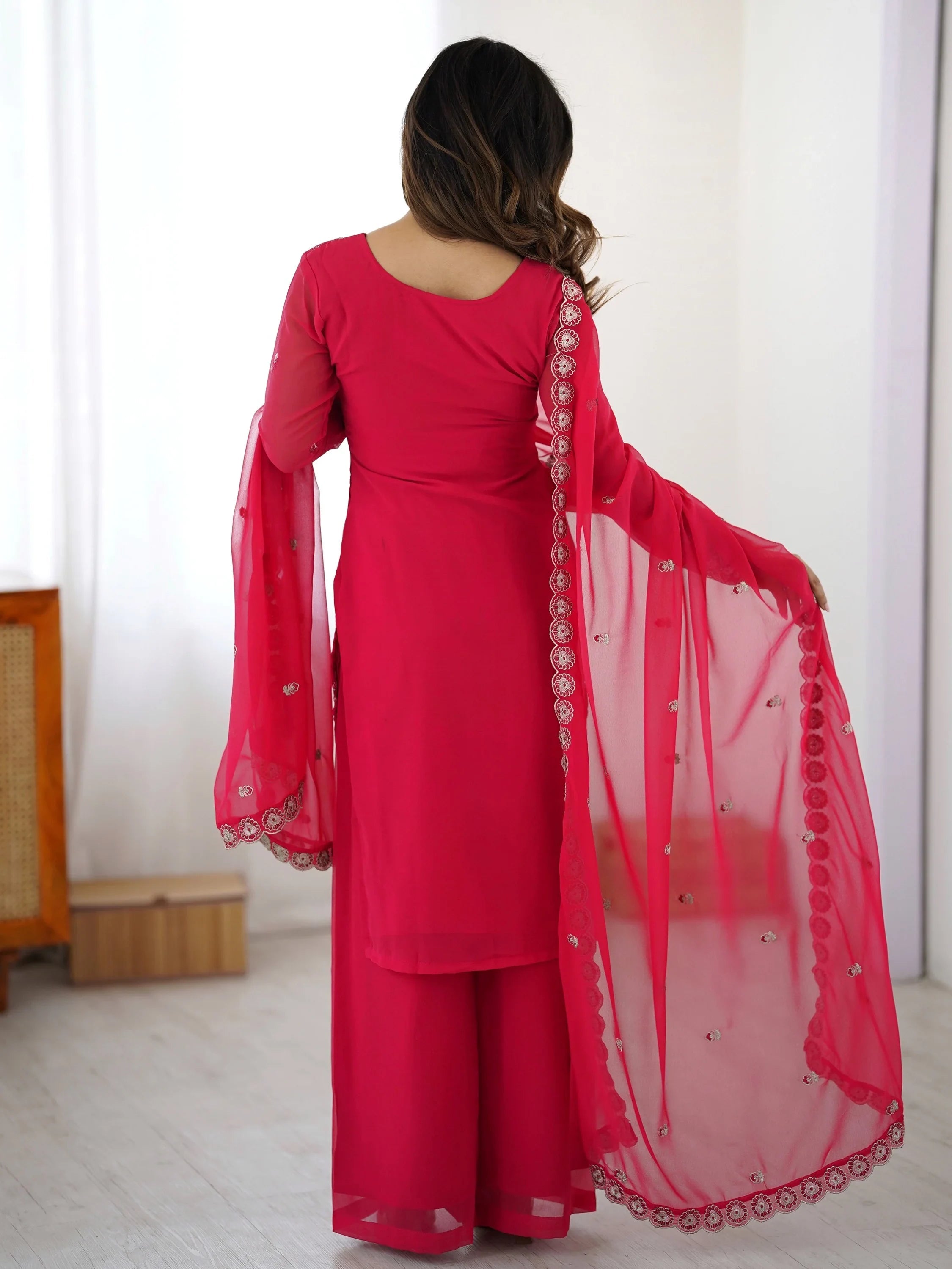 Pink Outstanding Embroidered Georgette Haldi Wear Palazzo Suit