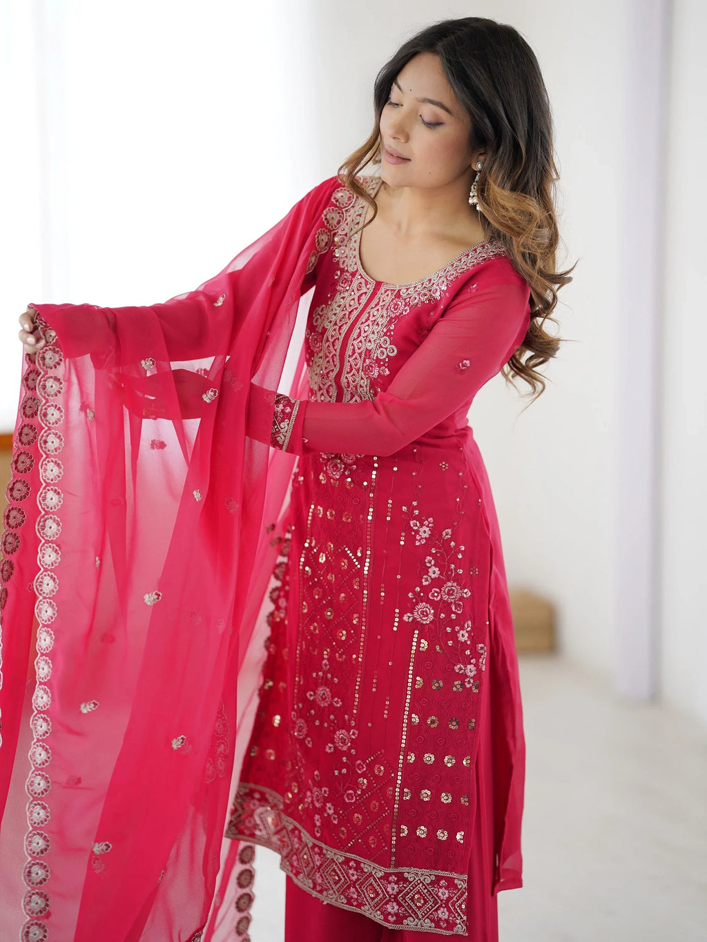 Pink Outstanding Embroidered Georgette Haldi Wear Palazzo Suit