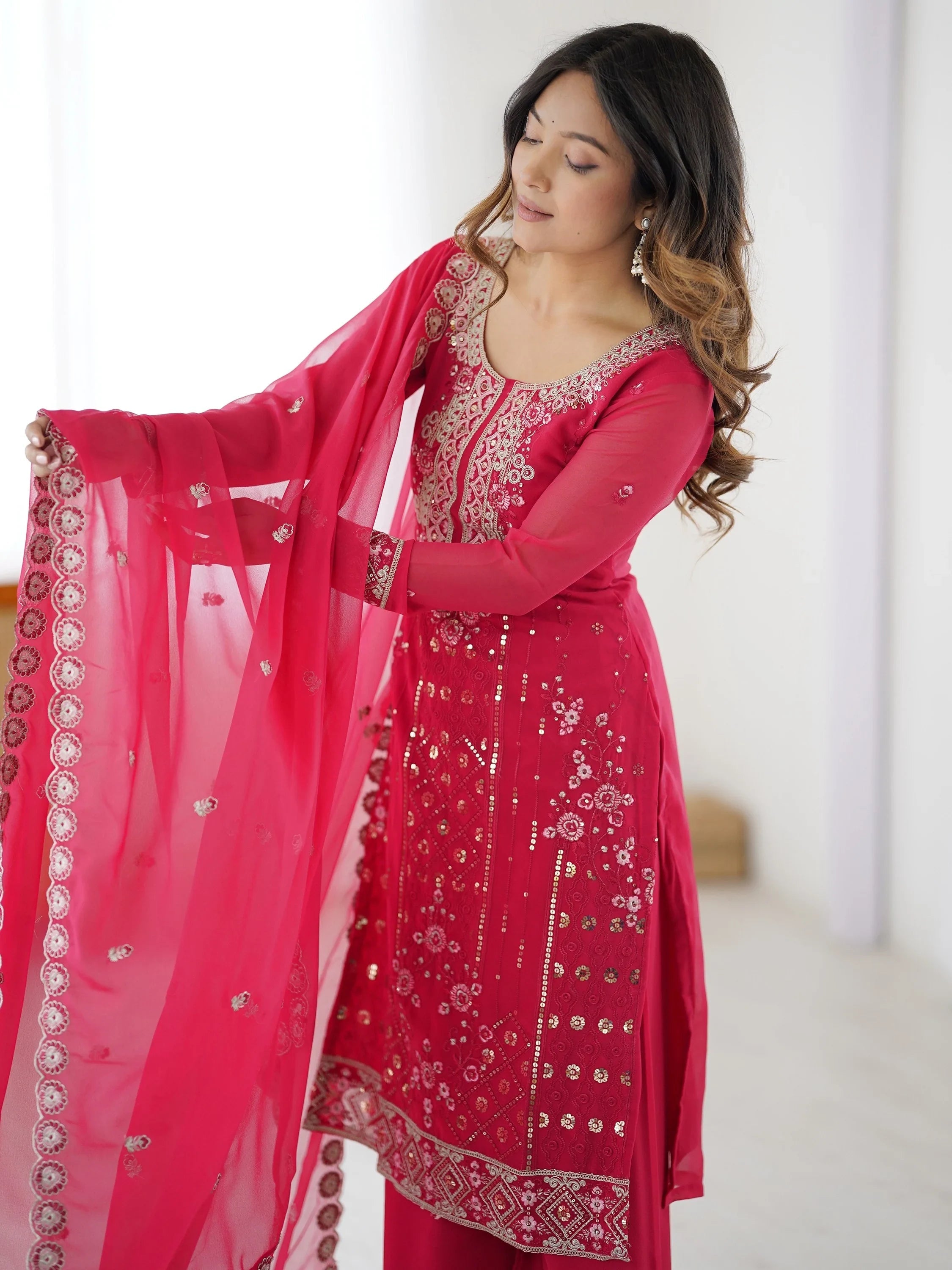 Pink Outstanding Embroidered Georgette Haldi Wear Palazzo Suit