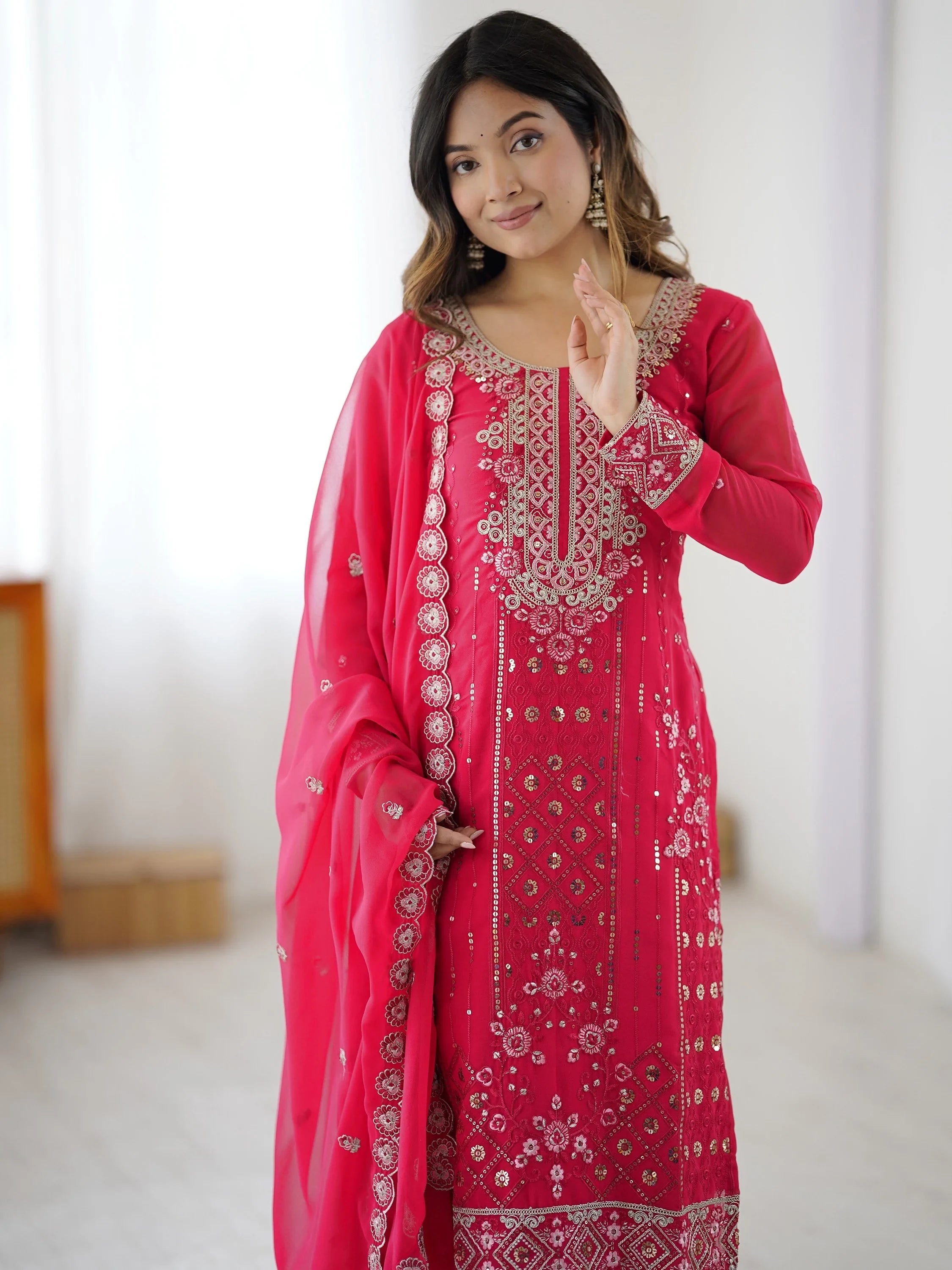 Pink Outstanding Embroidered Georgette Haldi Wear Palazzo Suit