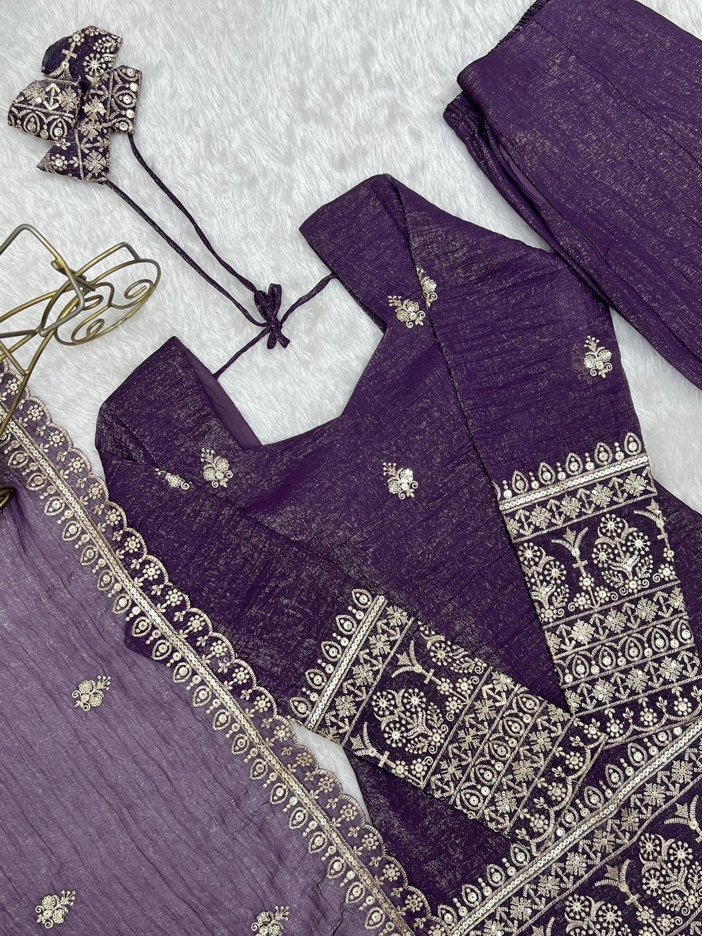 Shiny Purple Zari Work Silk Festival Wear Palazzo Suit With Dupatta