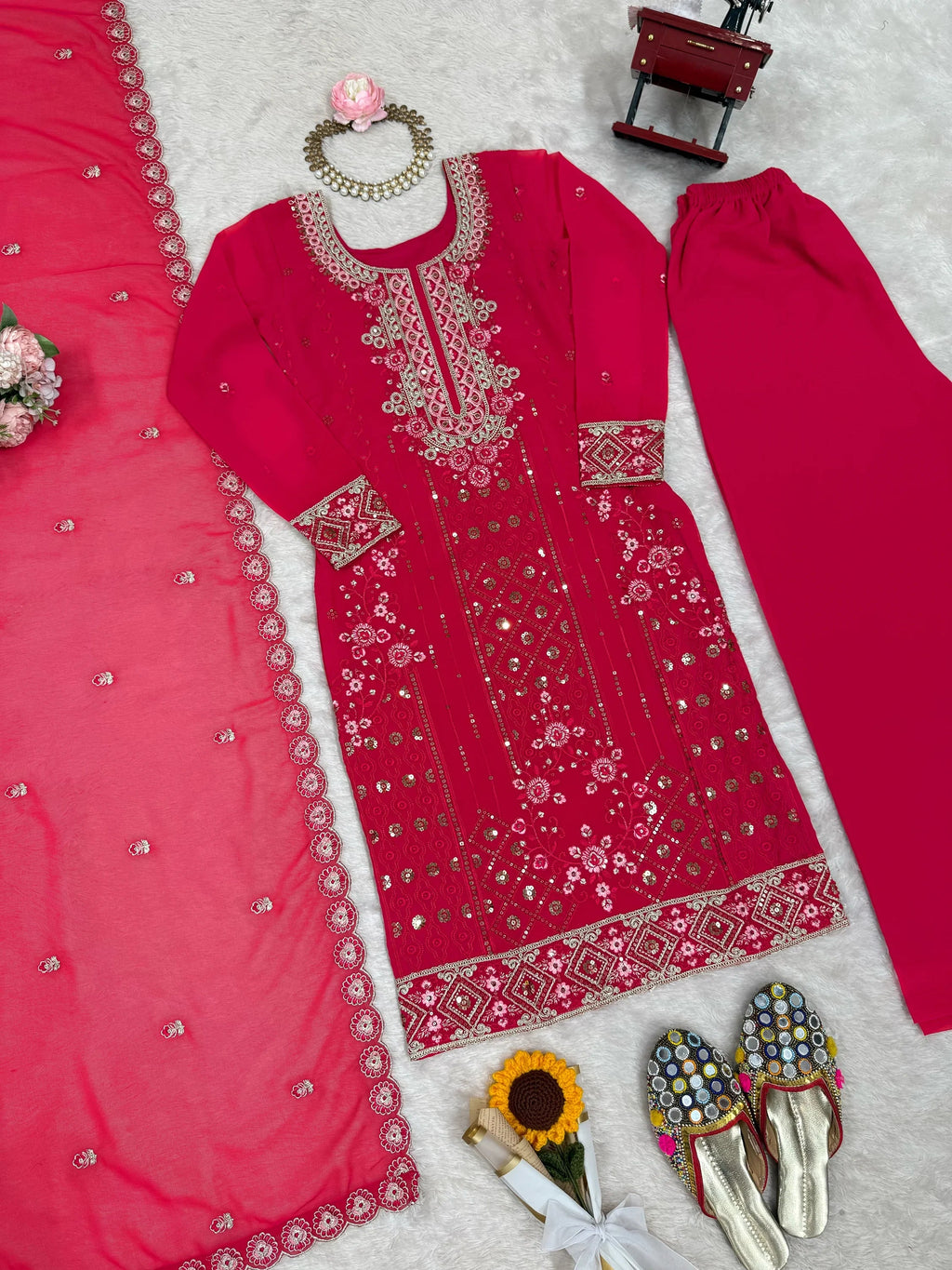 Pink Outstanding Embroidered Georgette Haldi Wear Palazzo Suit