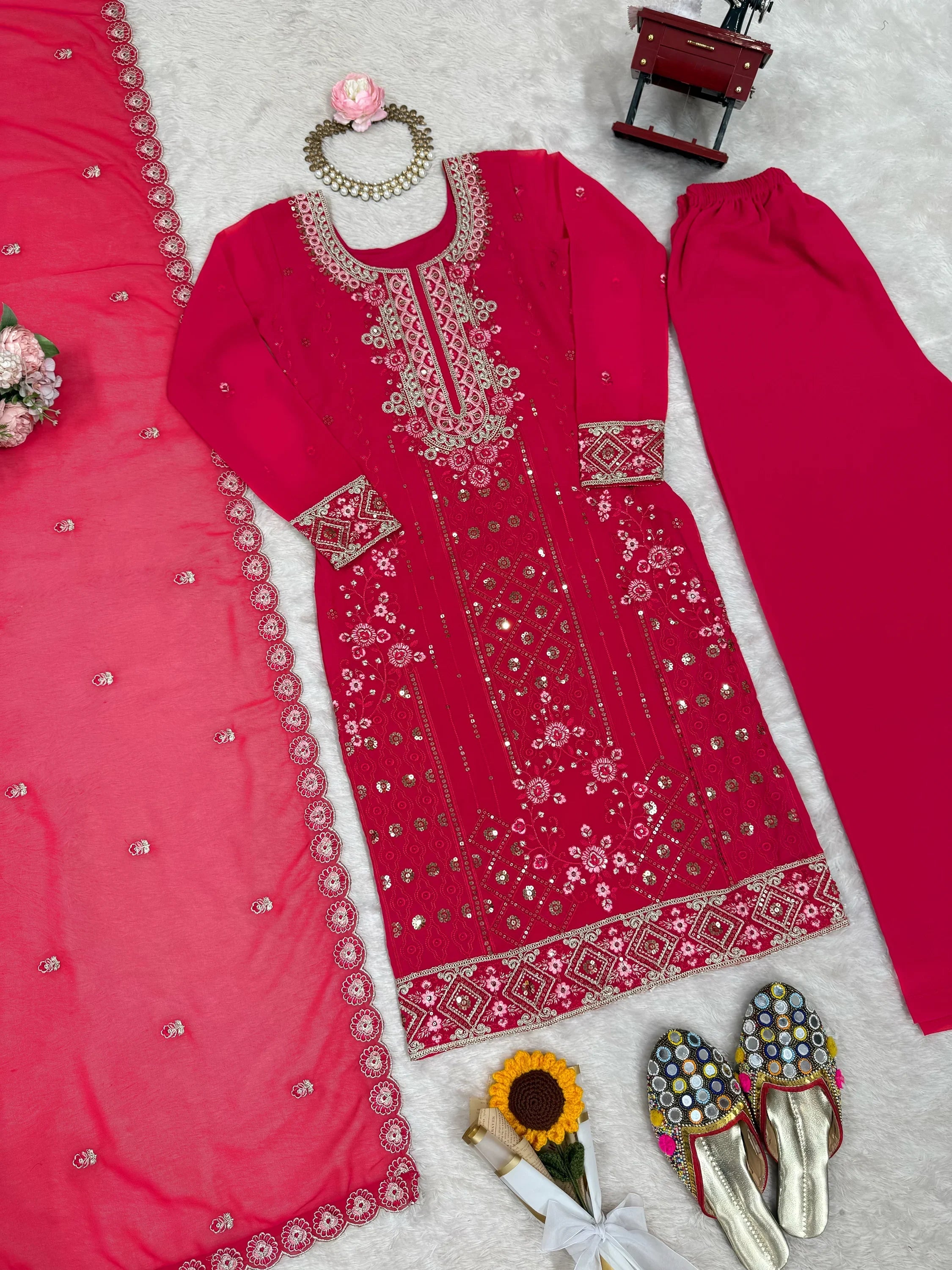 Pink Outstanding Embroidered Georgette Haldi Wear Palazzo Suit