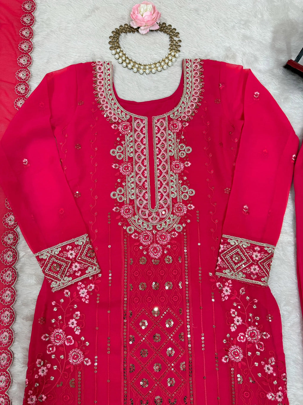 Pink Outstanding Embroidered Georgette Haldi Wear Palazzo Suit