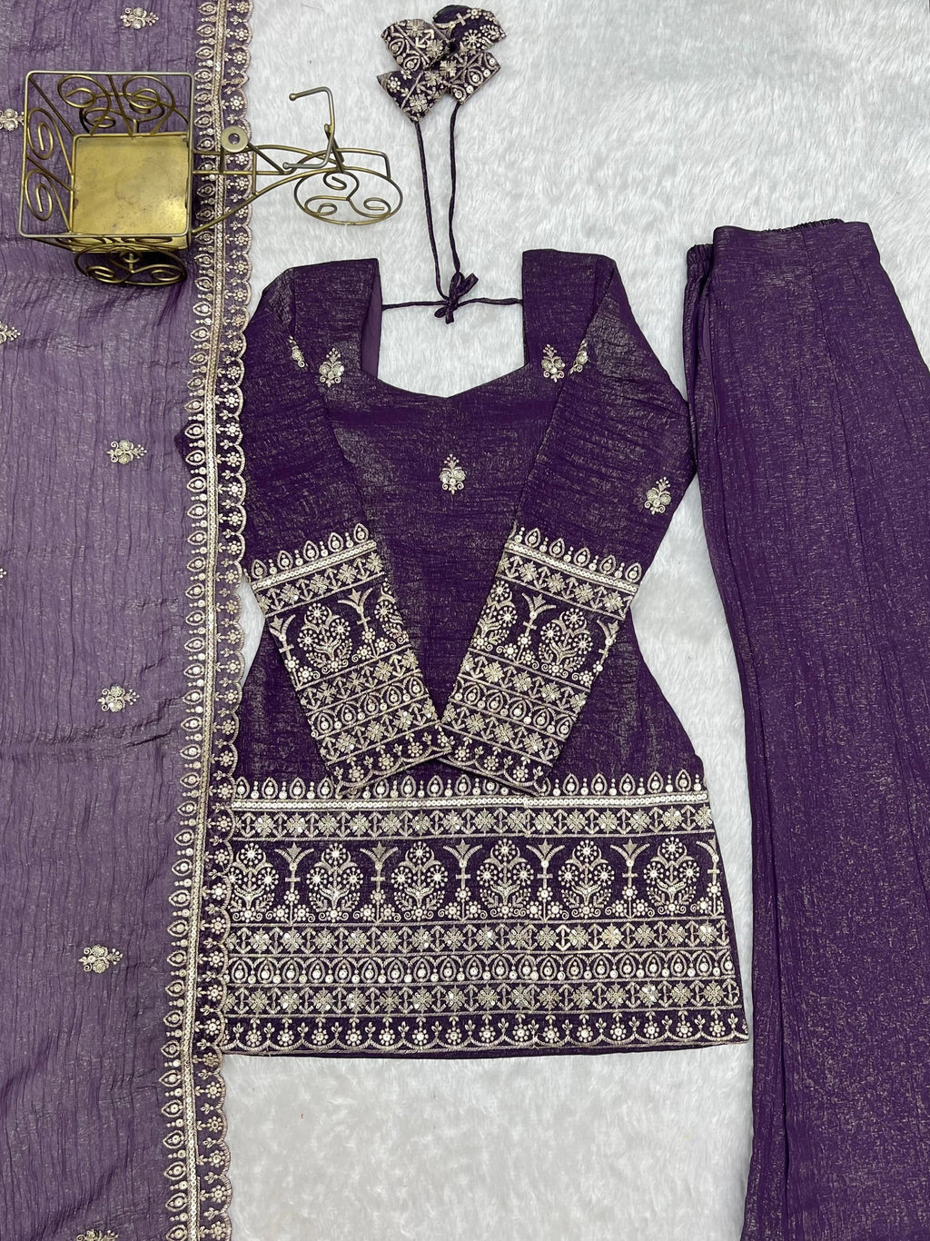 Shiny Purple Zari Work Silk Festival Wear Palazzo Suit With Dupatta