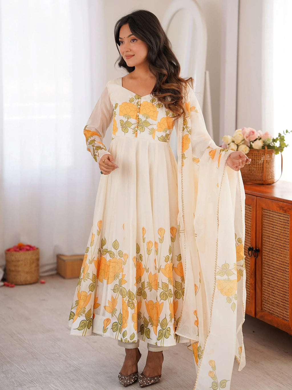 Stunning White Floral Printed Organza Festival Wear Anarkali Suit