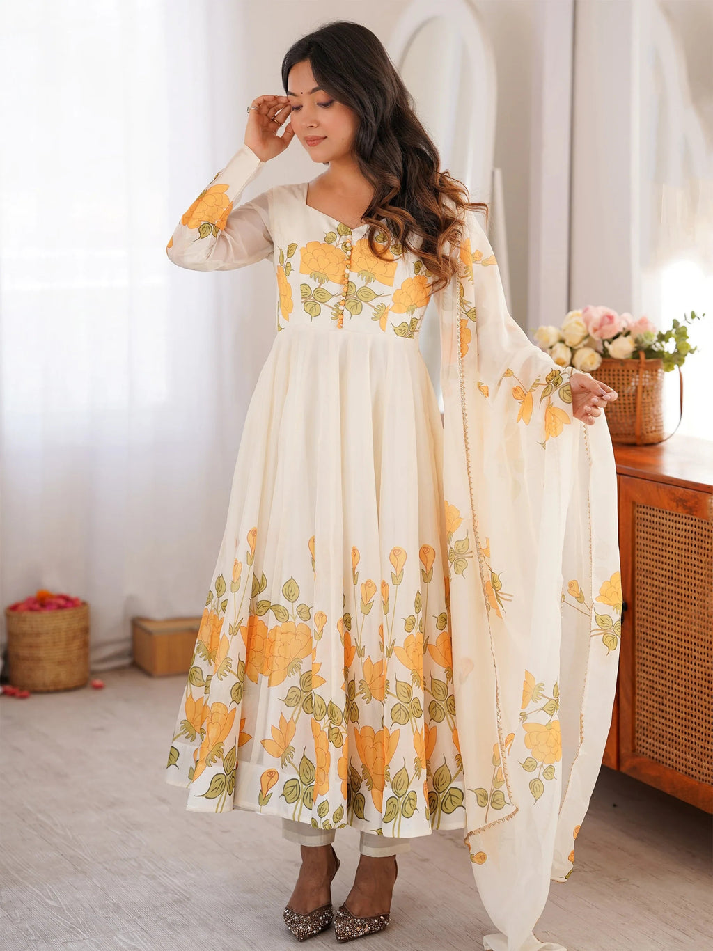 Stunning White Floral Printed Organza Festival Wear Anarkali Suit