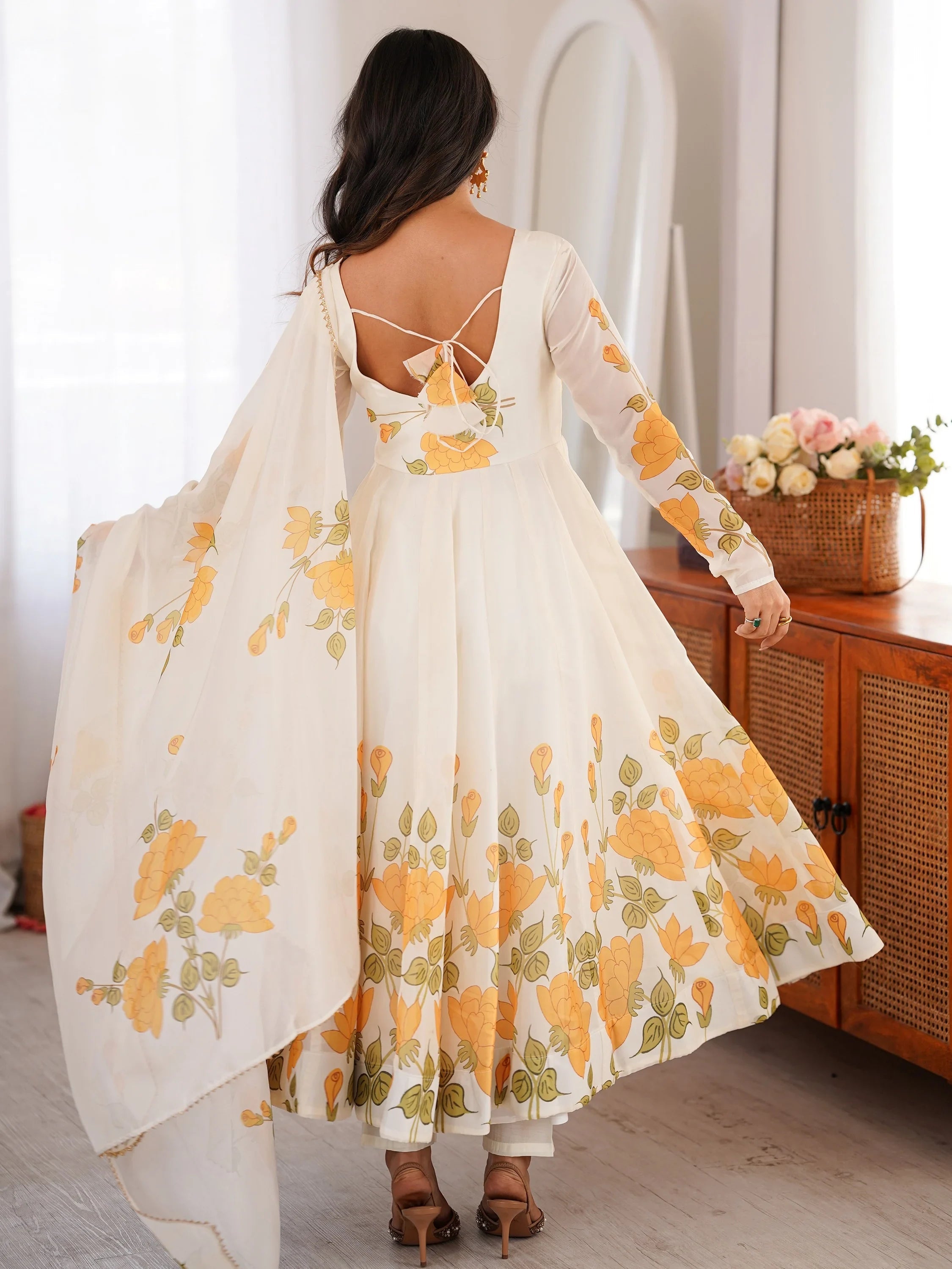 Stunning White Floral Printed Organza Festival Wear Anarkali Suit