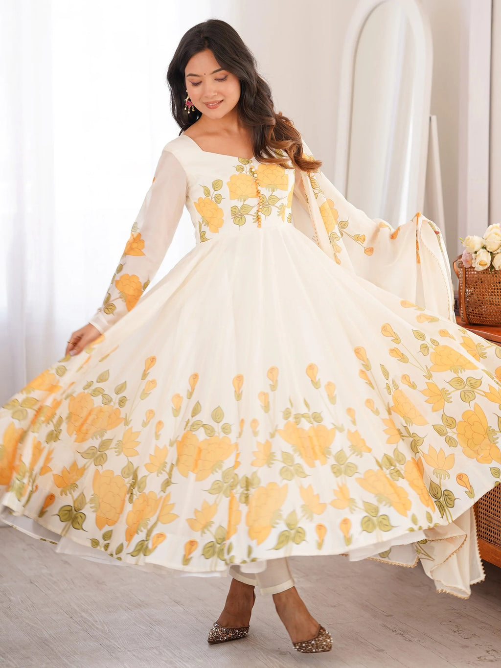 Stunning White Floral Printed Organza Festival Wear Anarkali Suit
