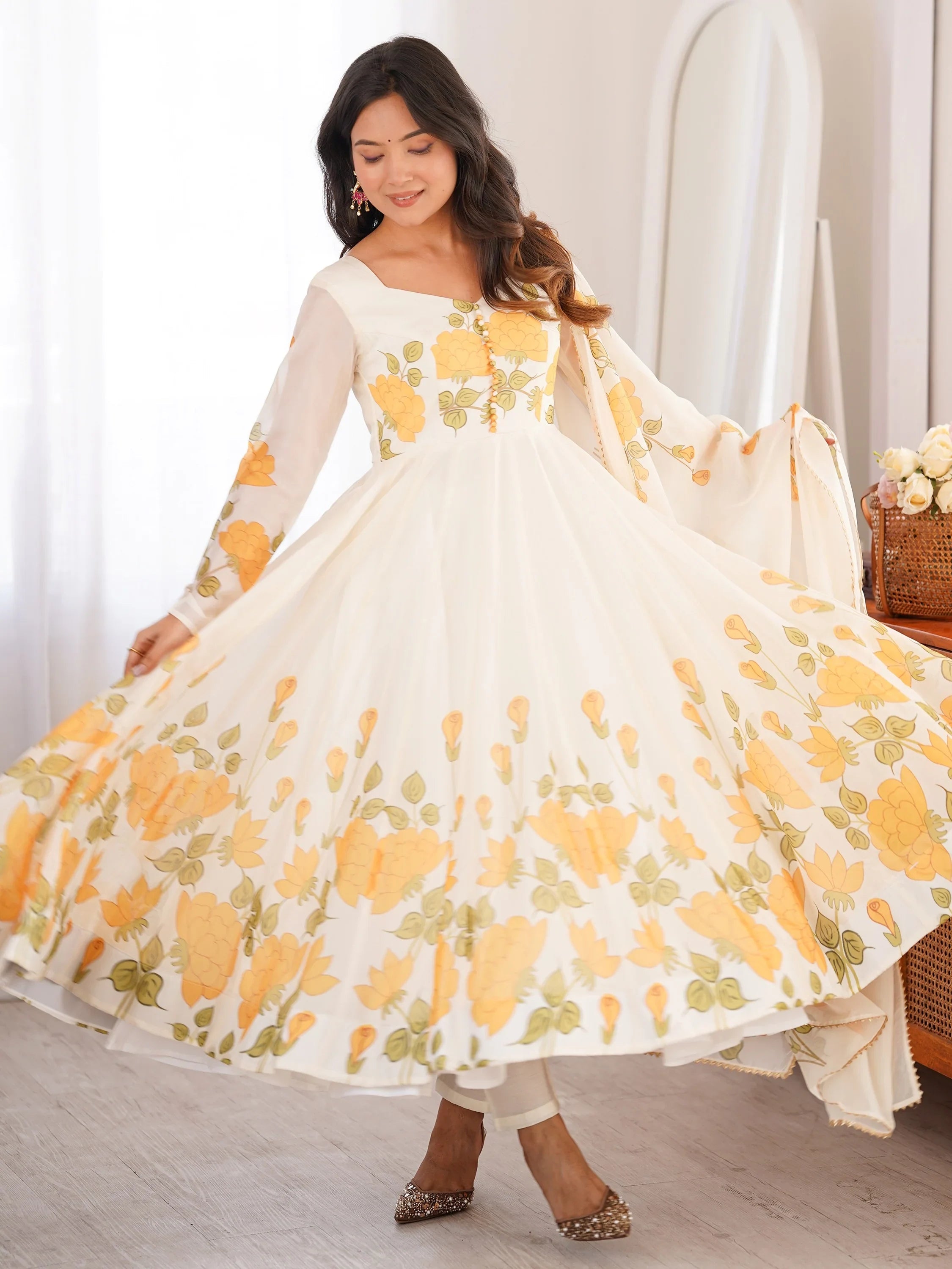Stunning White Floral Printed Organza Festival Wear Anarkali Suit