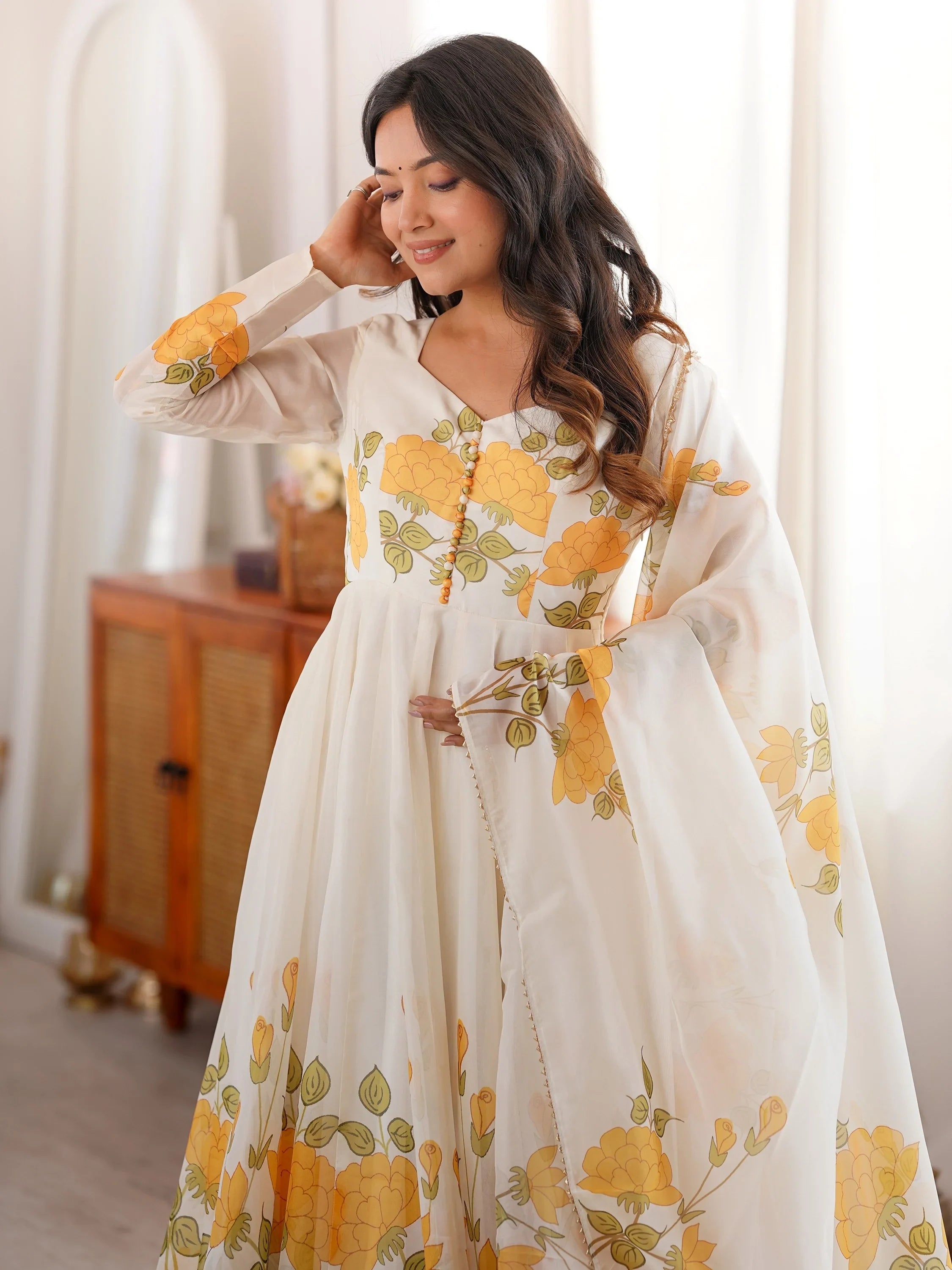 Stunning White Floral Printed Organza Festival Wear Anarkali Suit