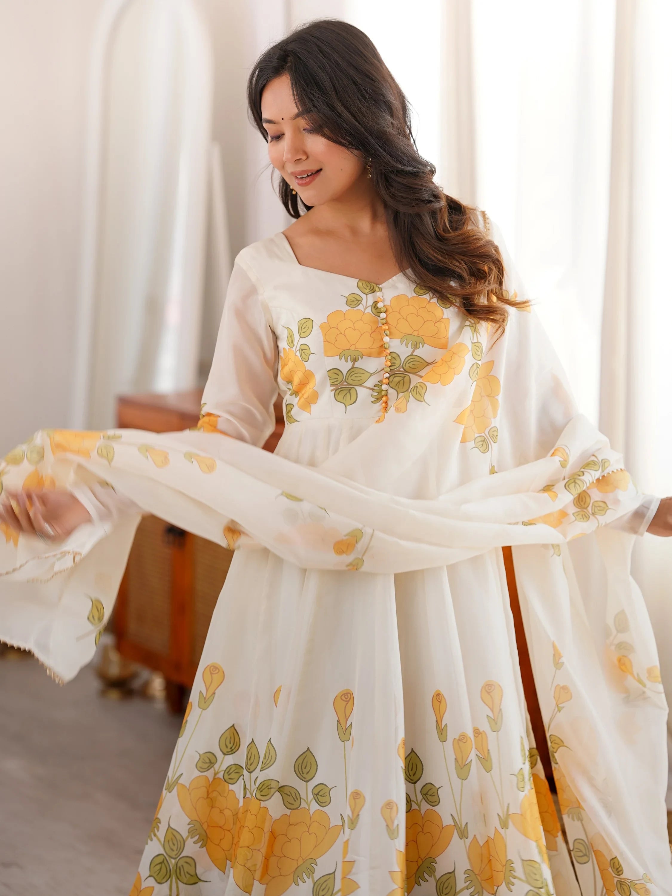 Stunning White Floral Printed Organza Festival Wear Anarkali Suit