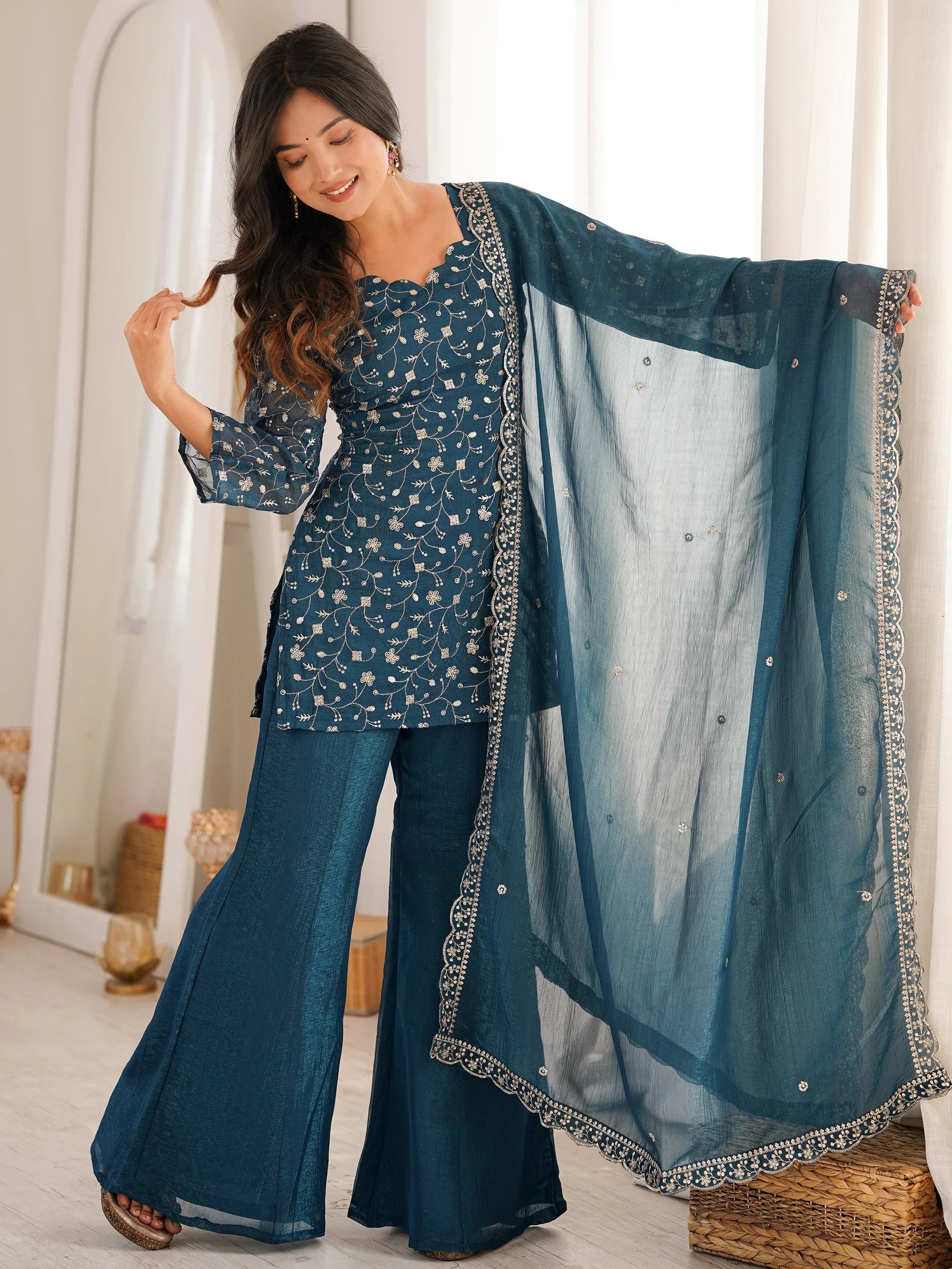 Teal Beautiful Sequins Silk Function Wear Pant Suit