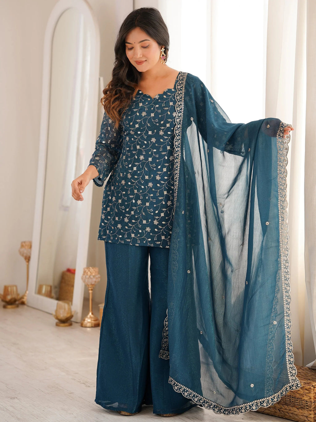 Teal Beautiful Sequins Silk Function Wear Pant Suit