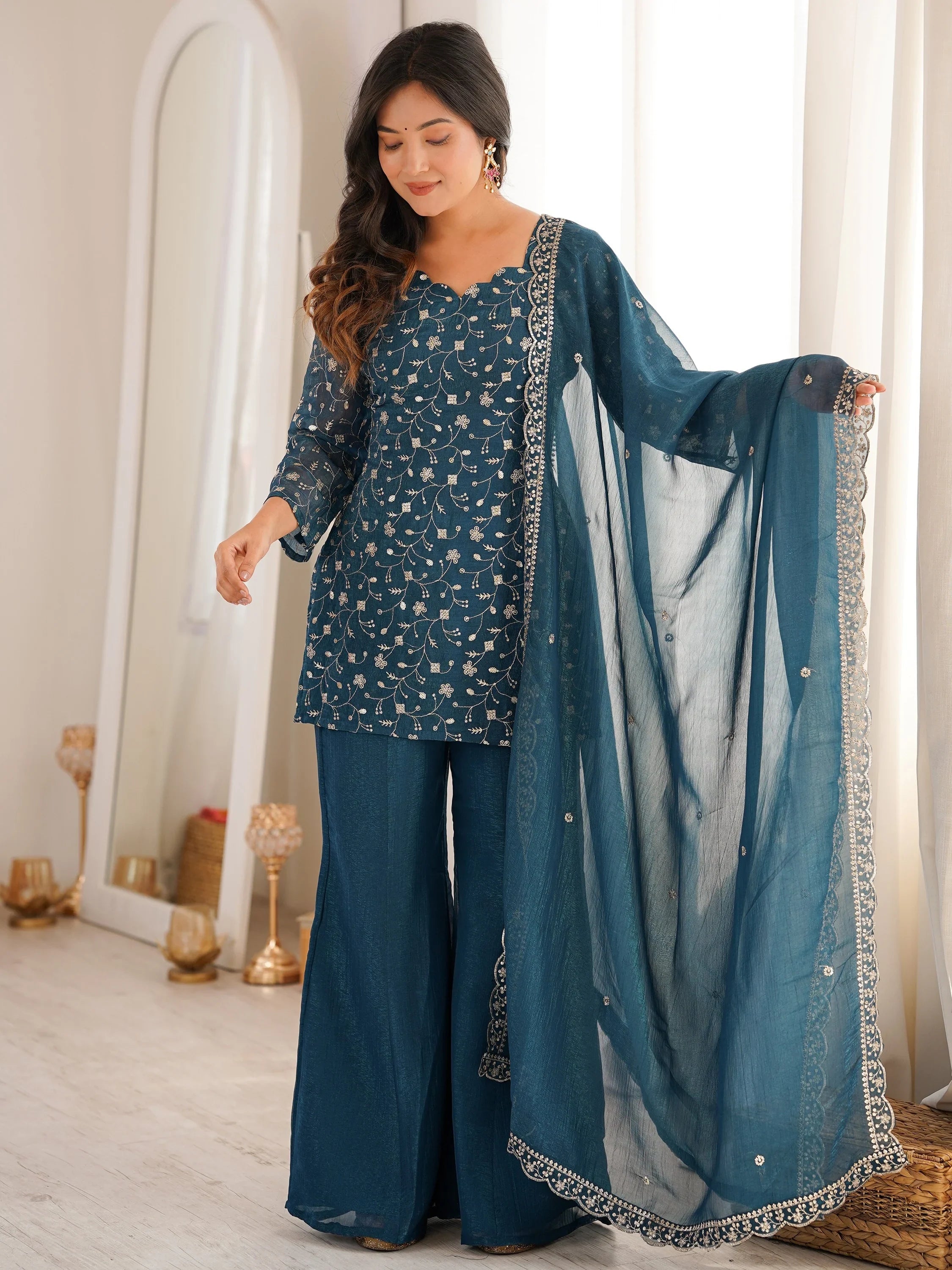 Teal Beautiful Sequins Silk Function Wear Pant Suit