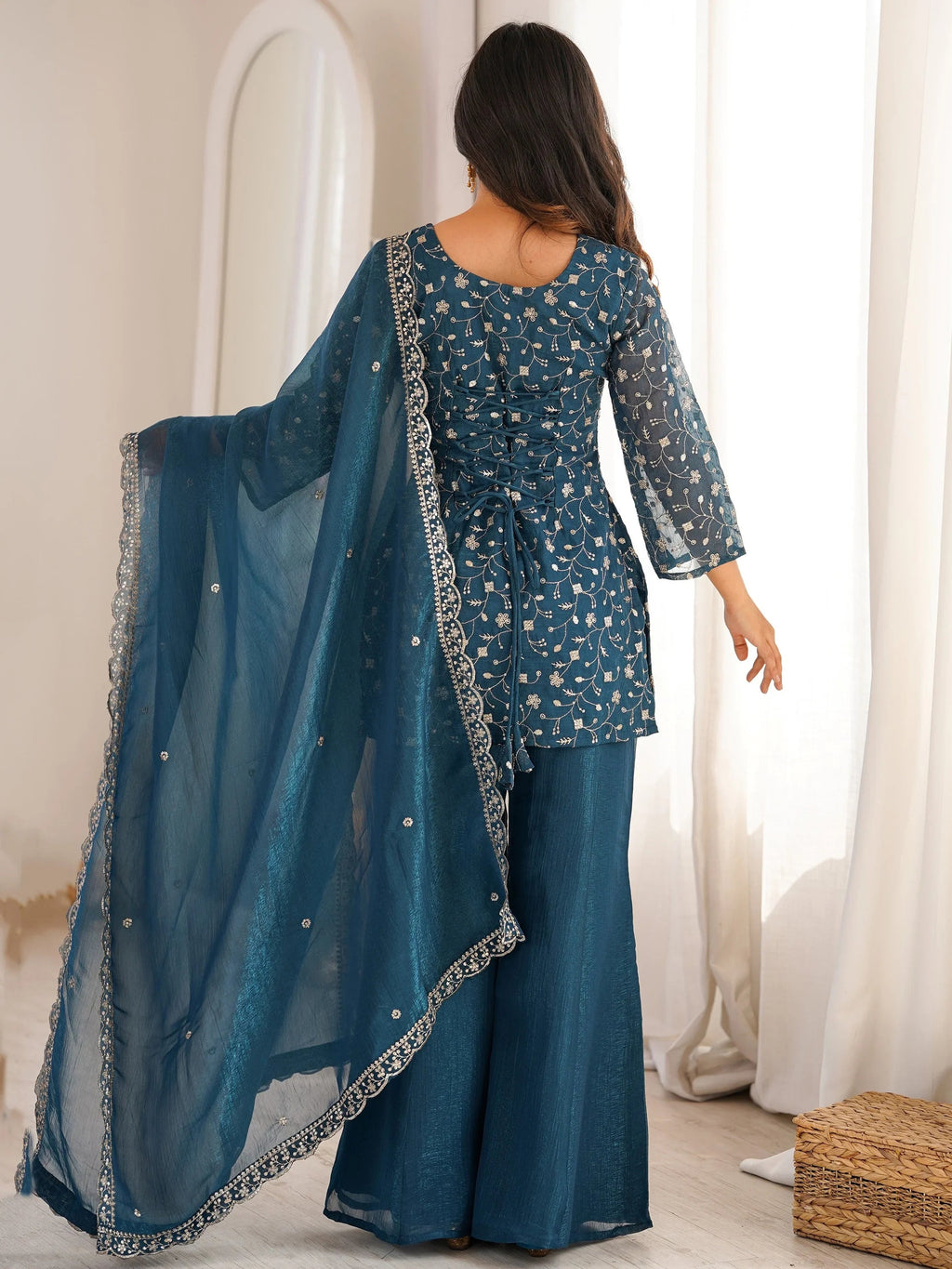 Teal Beautiful Sequins Silk Function Wear Pant Suit