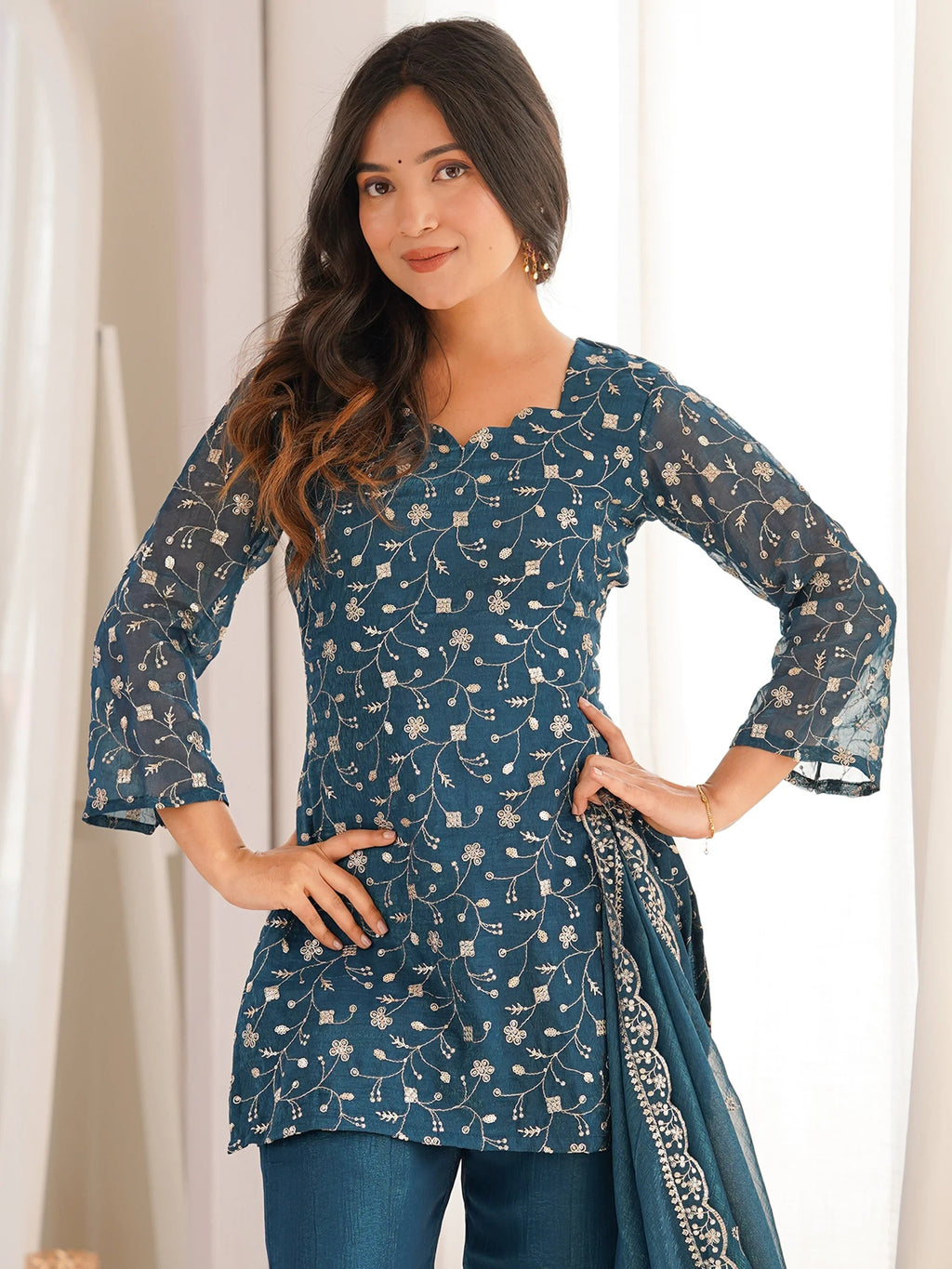 Teal Beautiful Sequins Silk Function Wear Pant Suit