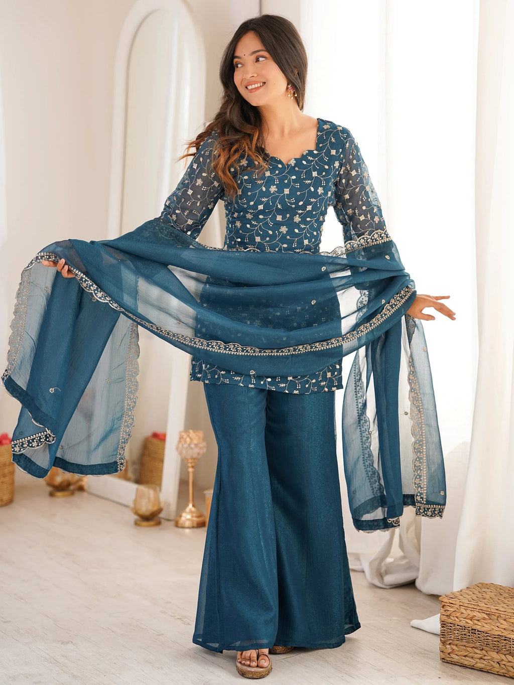 Teal Beautiful Sequins Silk Function Wear Pant Suit