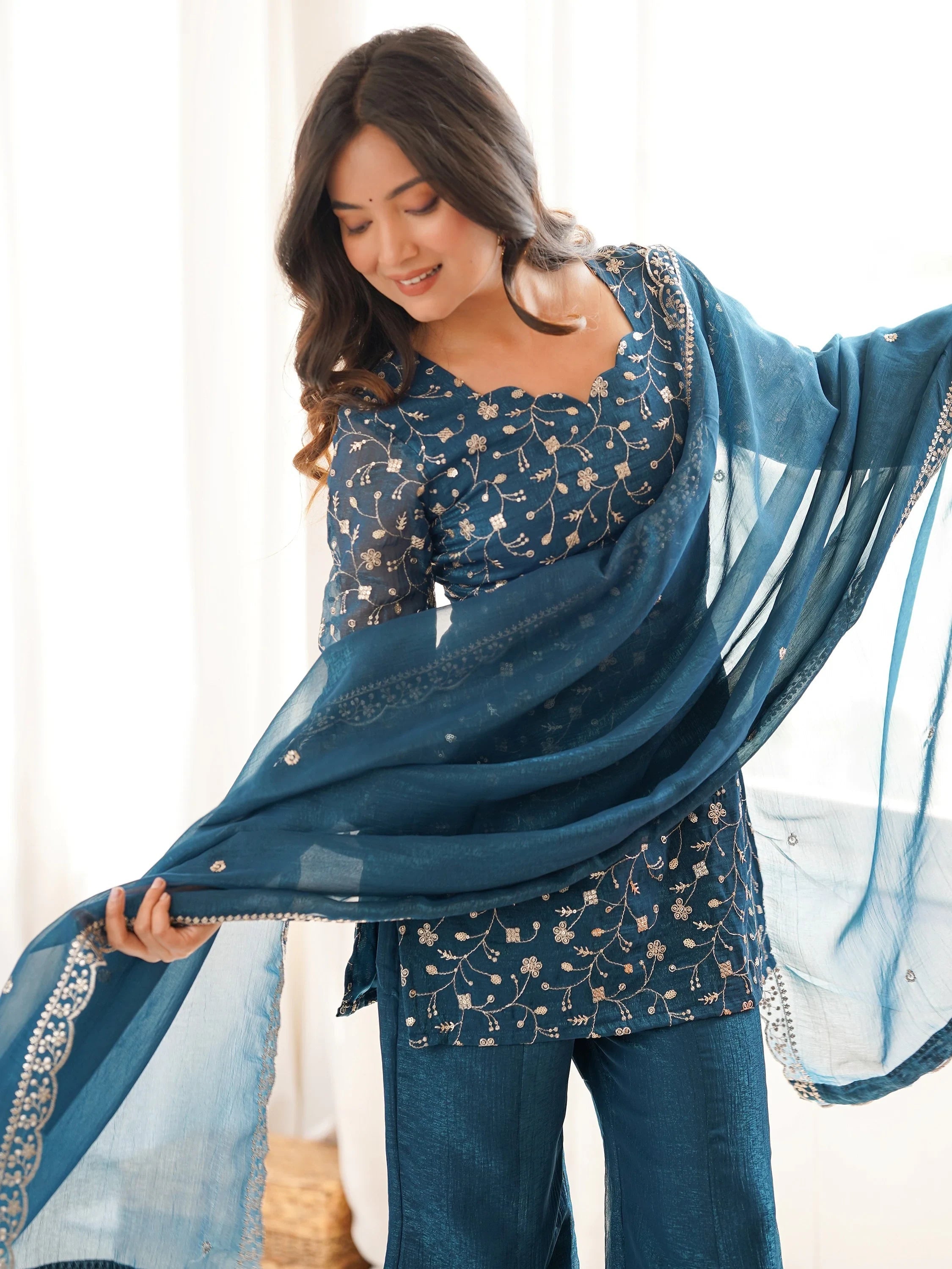 Teal Beautiful Sequins Silk Function Wear Pant Suit
