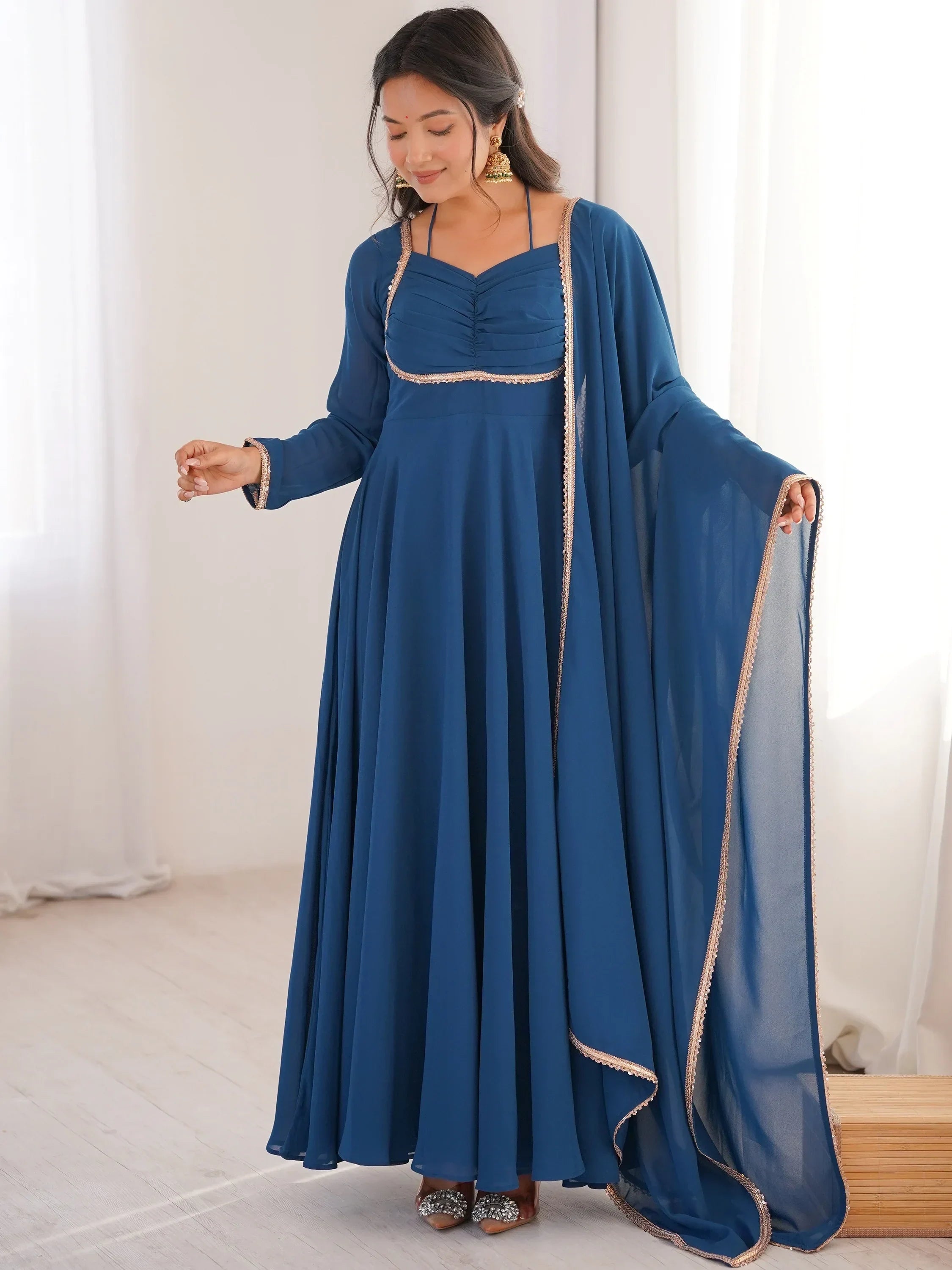 Blue Dazzling Georgette Festival Wear Gown With Dupatta