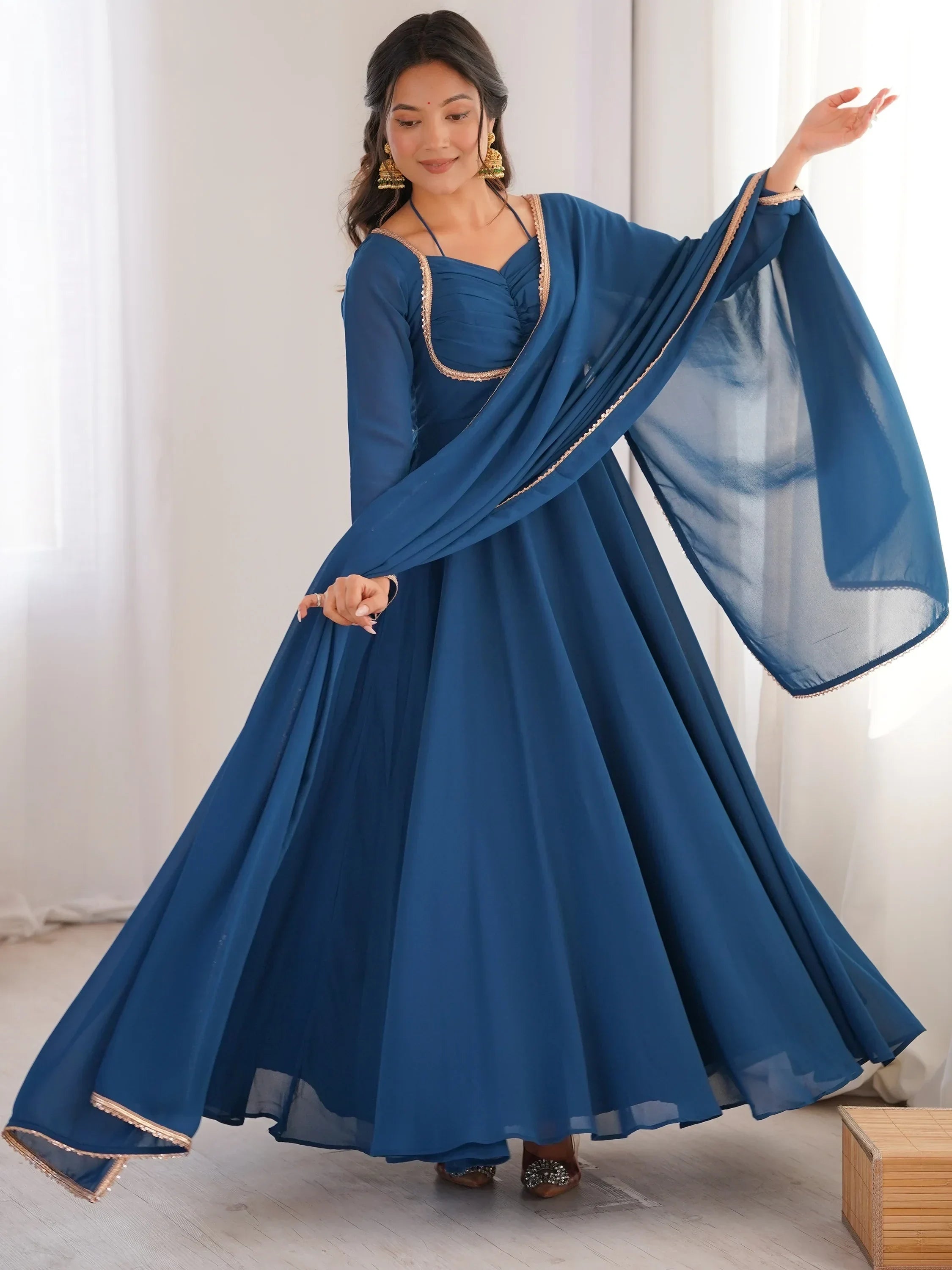 Blue Dazzling Georgette Festival Wear Gown With Dupatta