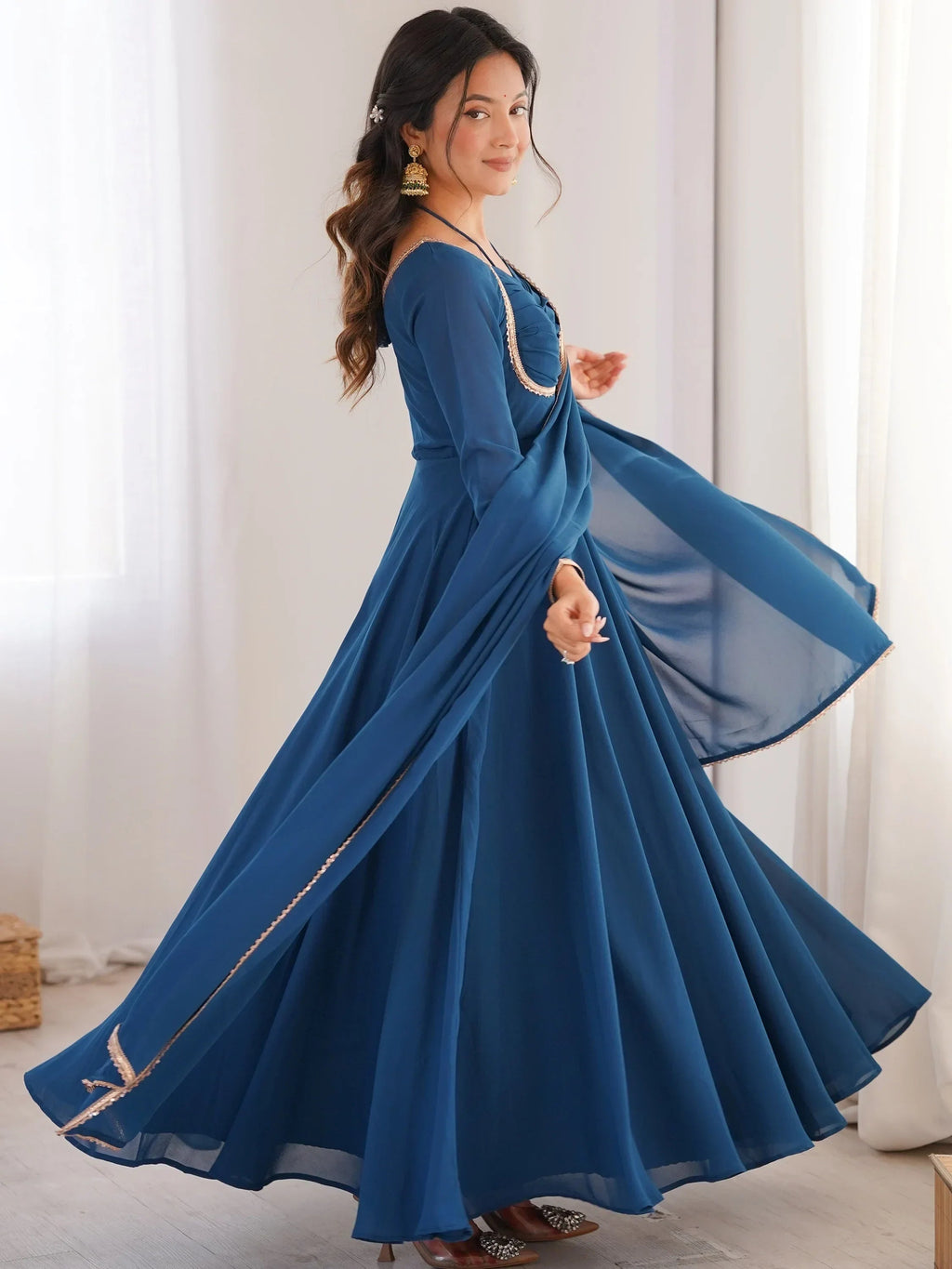 Blue Dazzling Georgette Festival Wear Gown With Dupatta