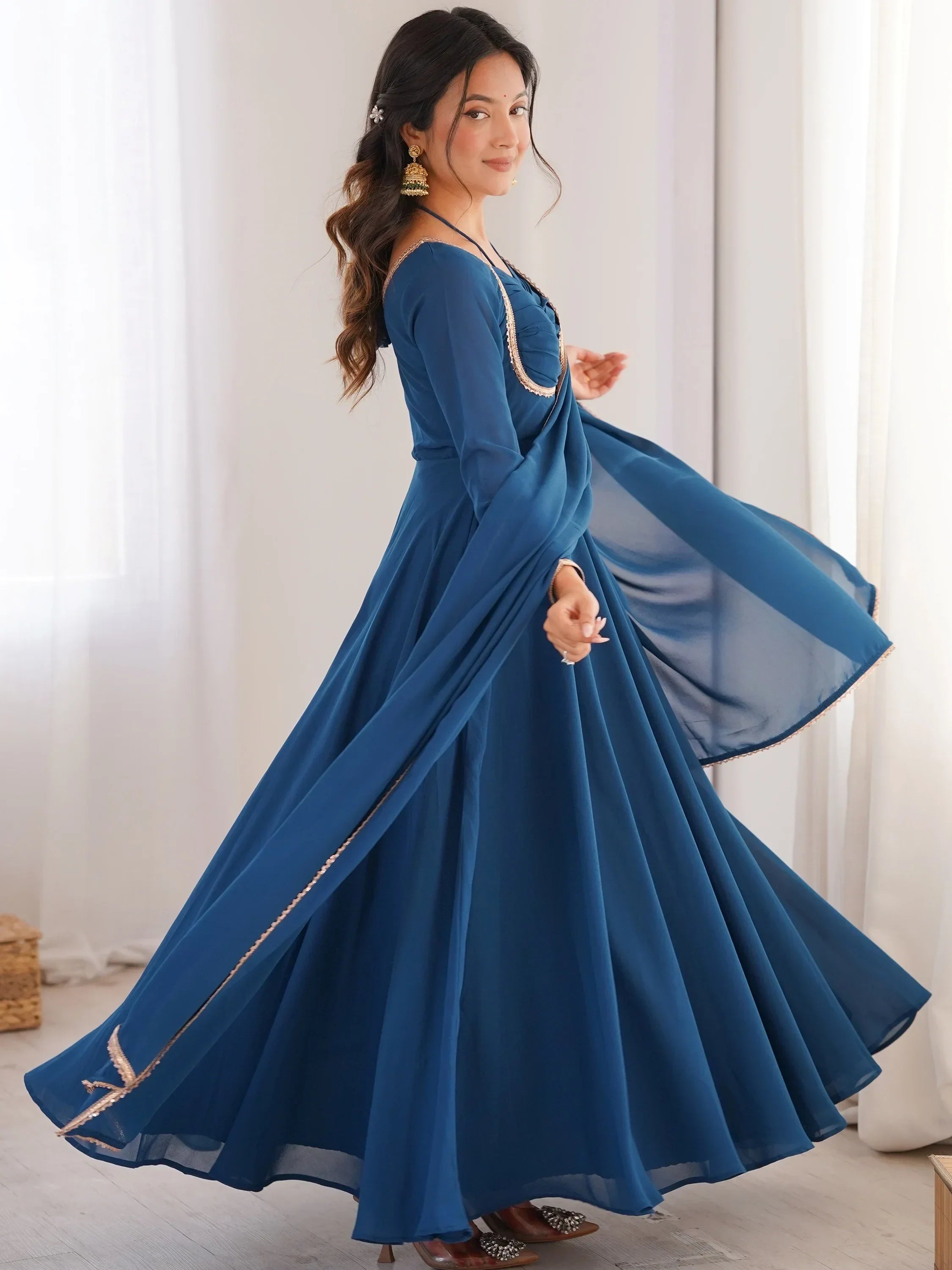 Blue Dazzling Georgette Festival Wear Gown With Dupatta