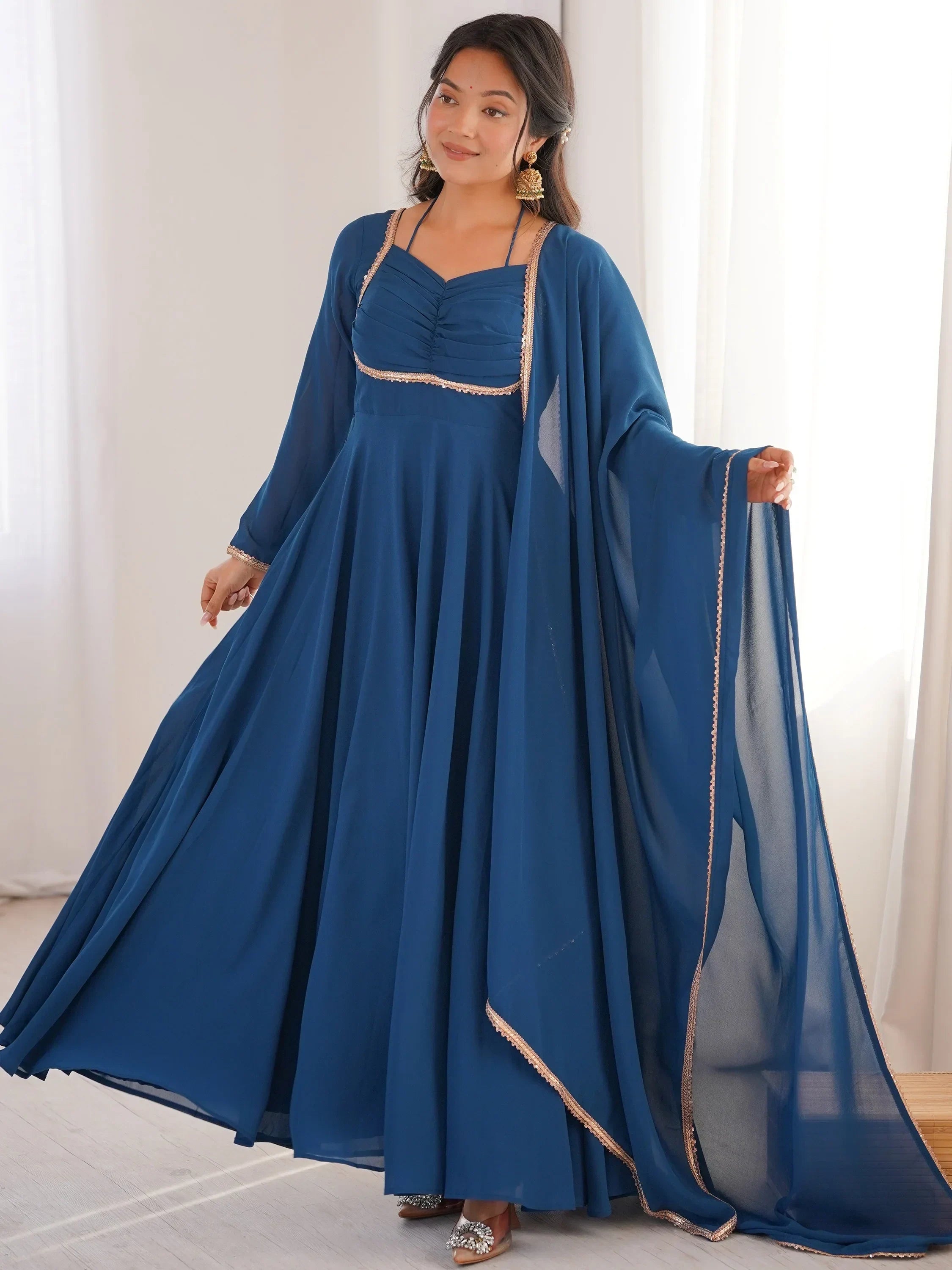 Blue Dazzling Georgette Festival Wear Gown With Dupatta