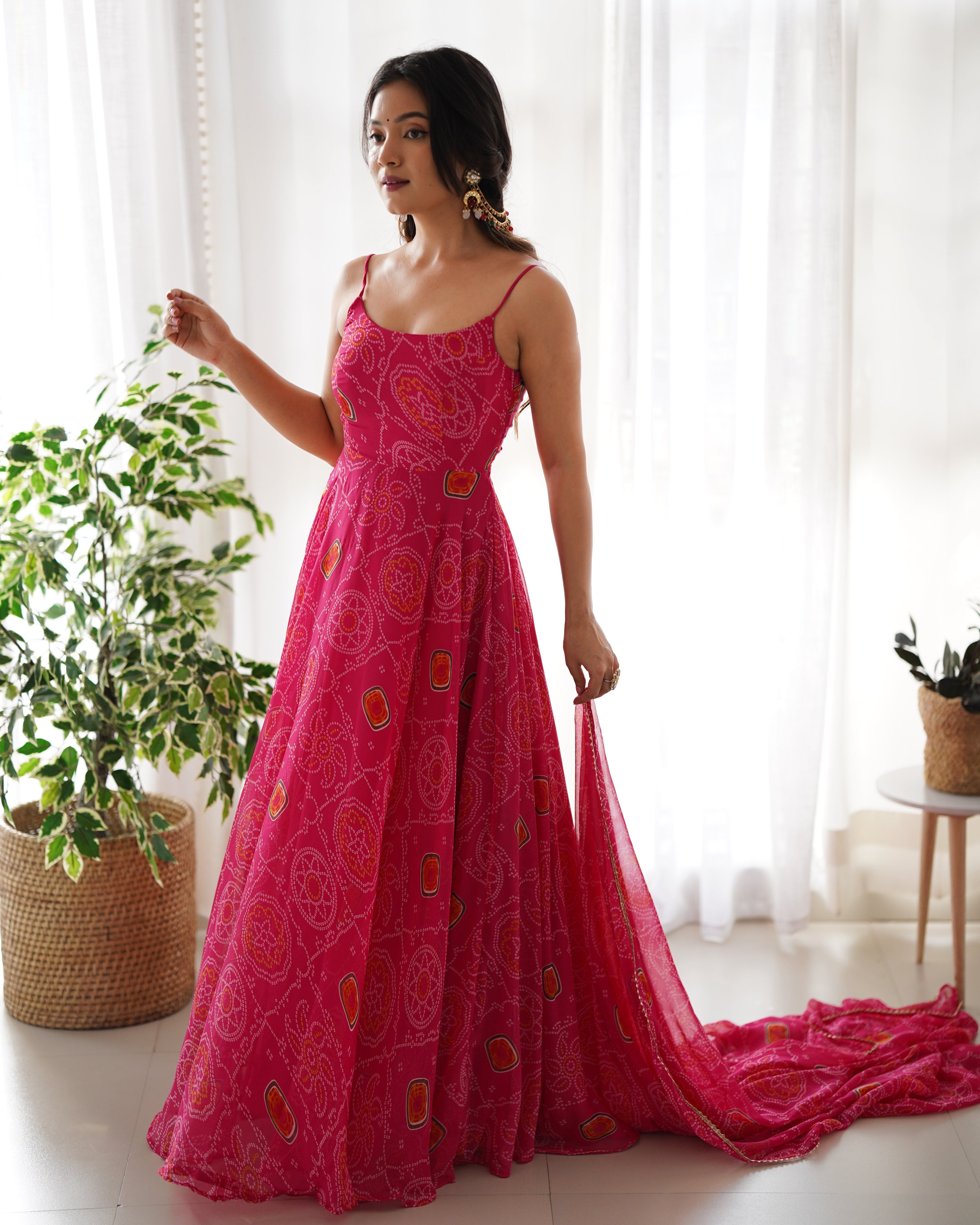 Digitally Chiffon Lehenga Suit Set with Bandhej Print and Huge Flair for Festive Wear