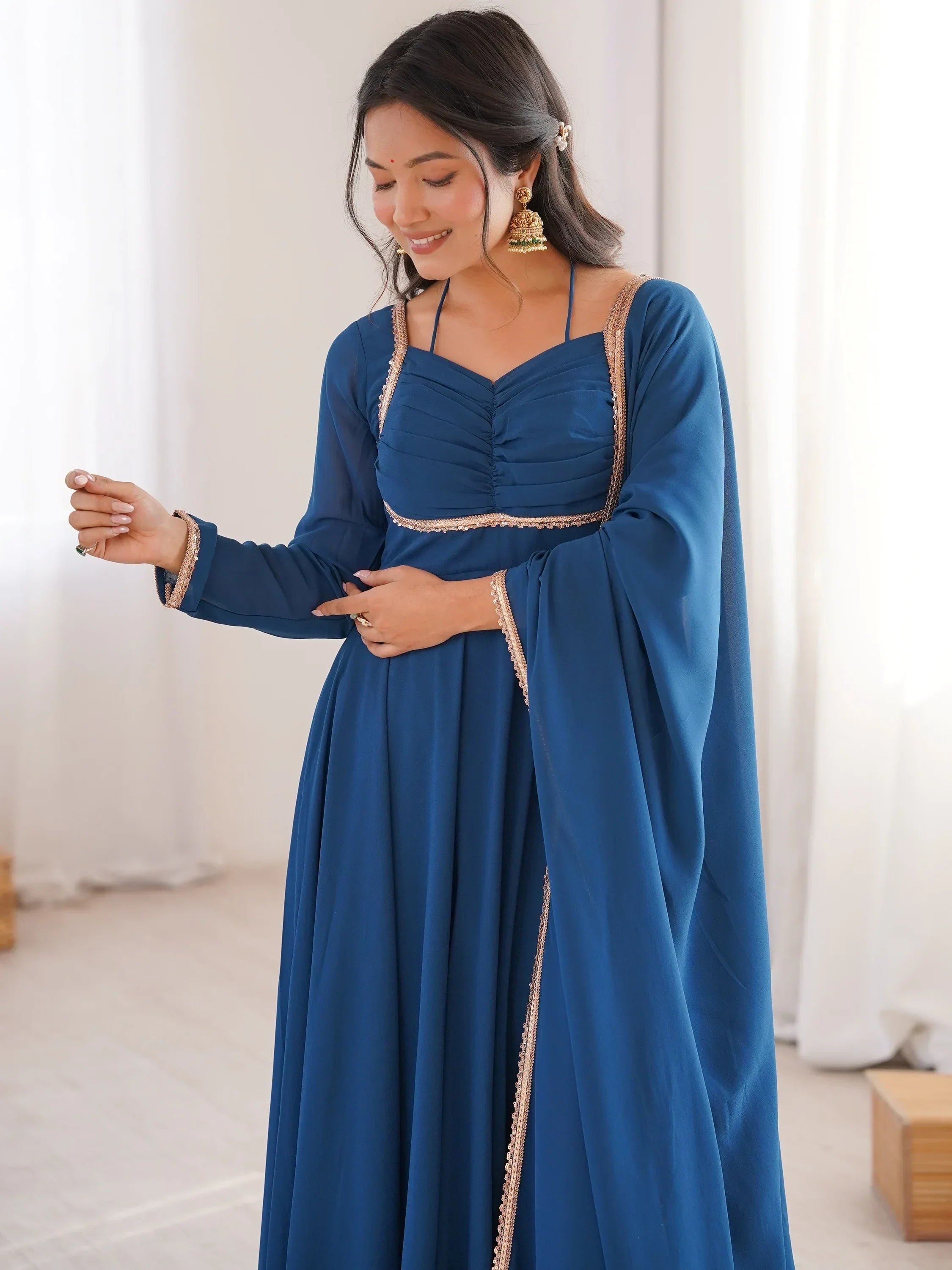 Blue Dazzling Georgette Festival Wear Gown With Dupatta