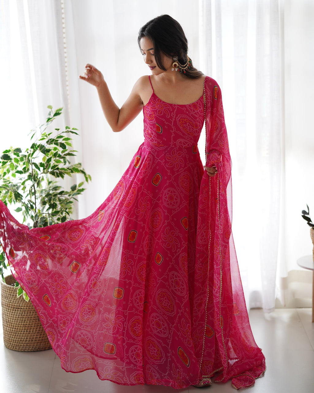 Digitally Chiffon Lehenga Suit Set with Bandhej Print and Huge Flair for Festive Wear