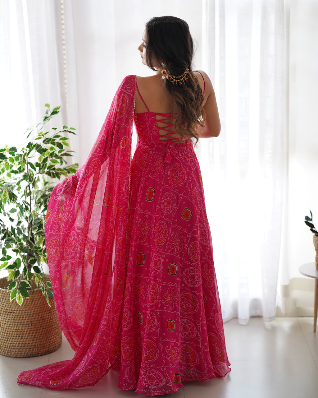 Digitally Chiffon Lehenga Suit Set with Bandhej Print and Huge Flair for Festive Wear