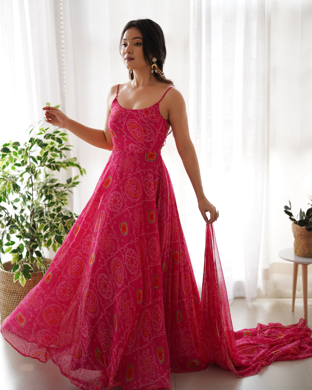 Digitally Chiffon Lehenga Suit Set with Bandhej Print and Huge Flair for Festive Wear